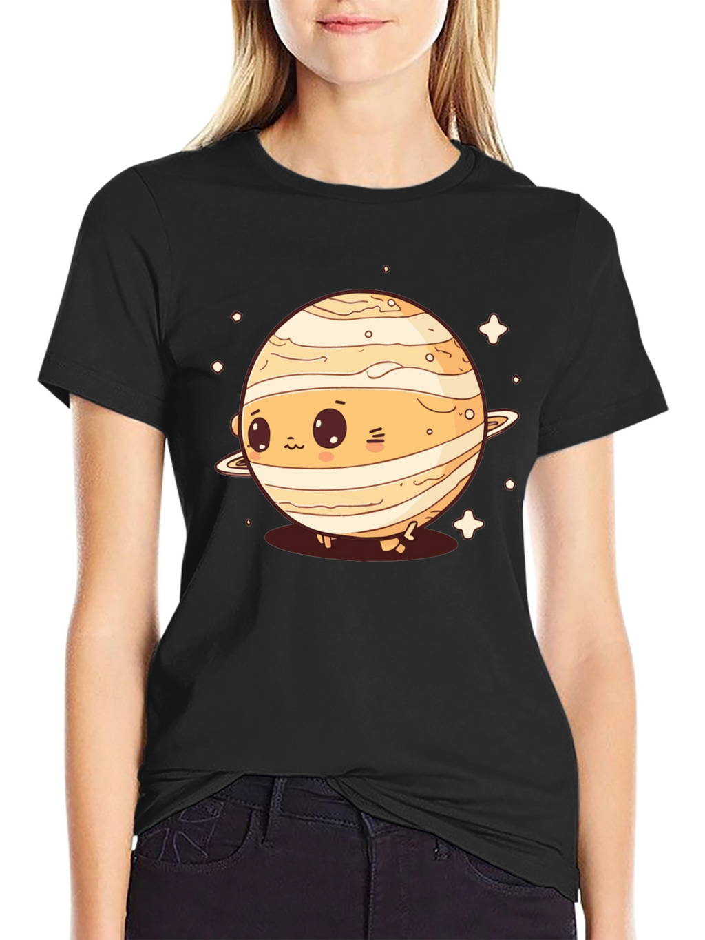 Cute Planet Saturn Graphic T-Shirt - Black