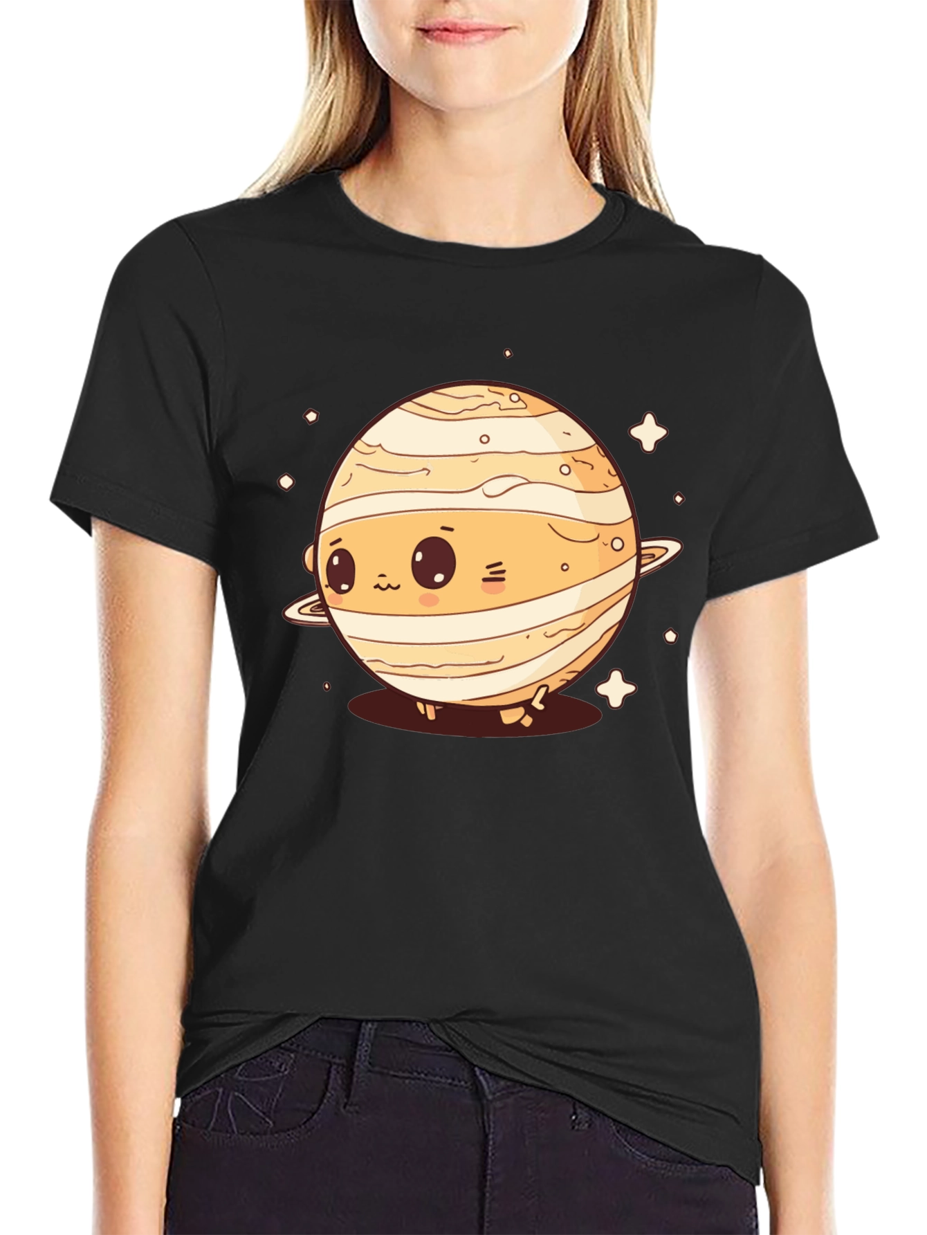 Cute Planet Saturn Graphic T-Shirt - Black