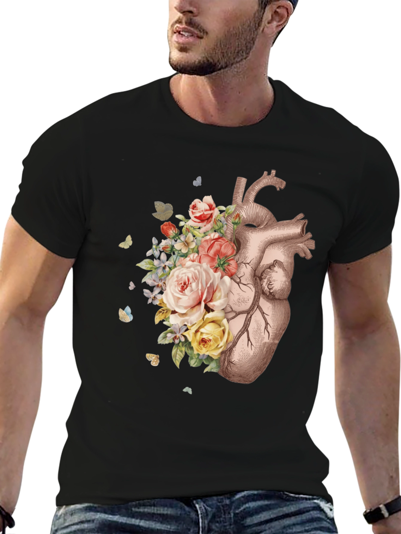 Floral Heart Graphic Tee - Anatomical Art T-Shirt