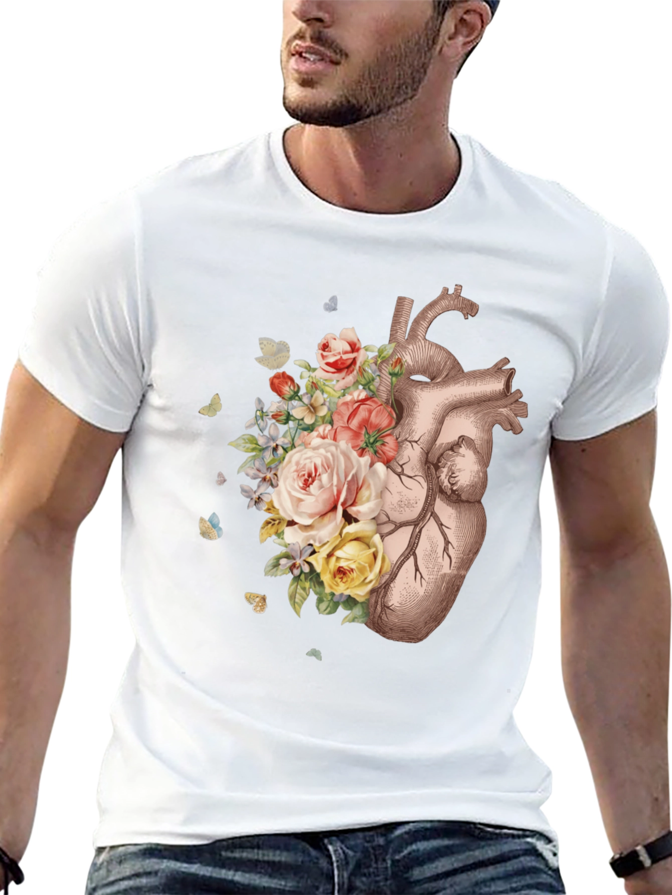 Floral Heart Graphic Tee - Anatomical Art T-Shirt