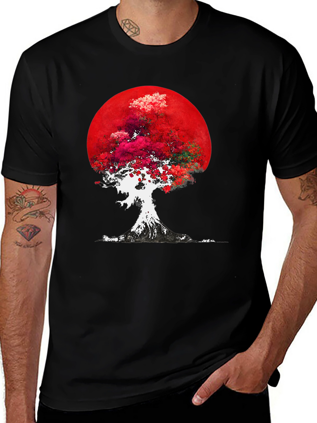 Red Moon Tree Graphic Tee - Artistic Mens T-Shirt