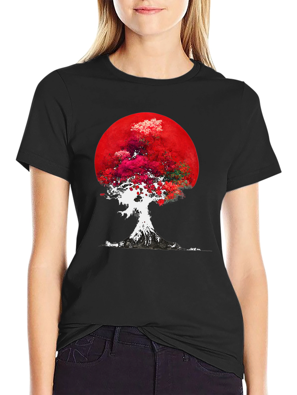 Red Moon Tree Graphic Tee - Artistic Mens T-Shirt
