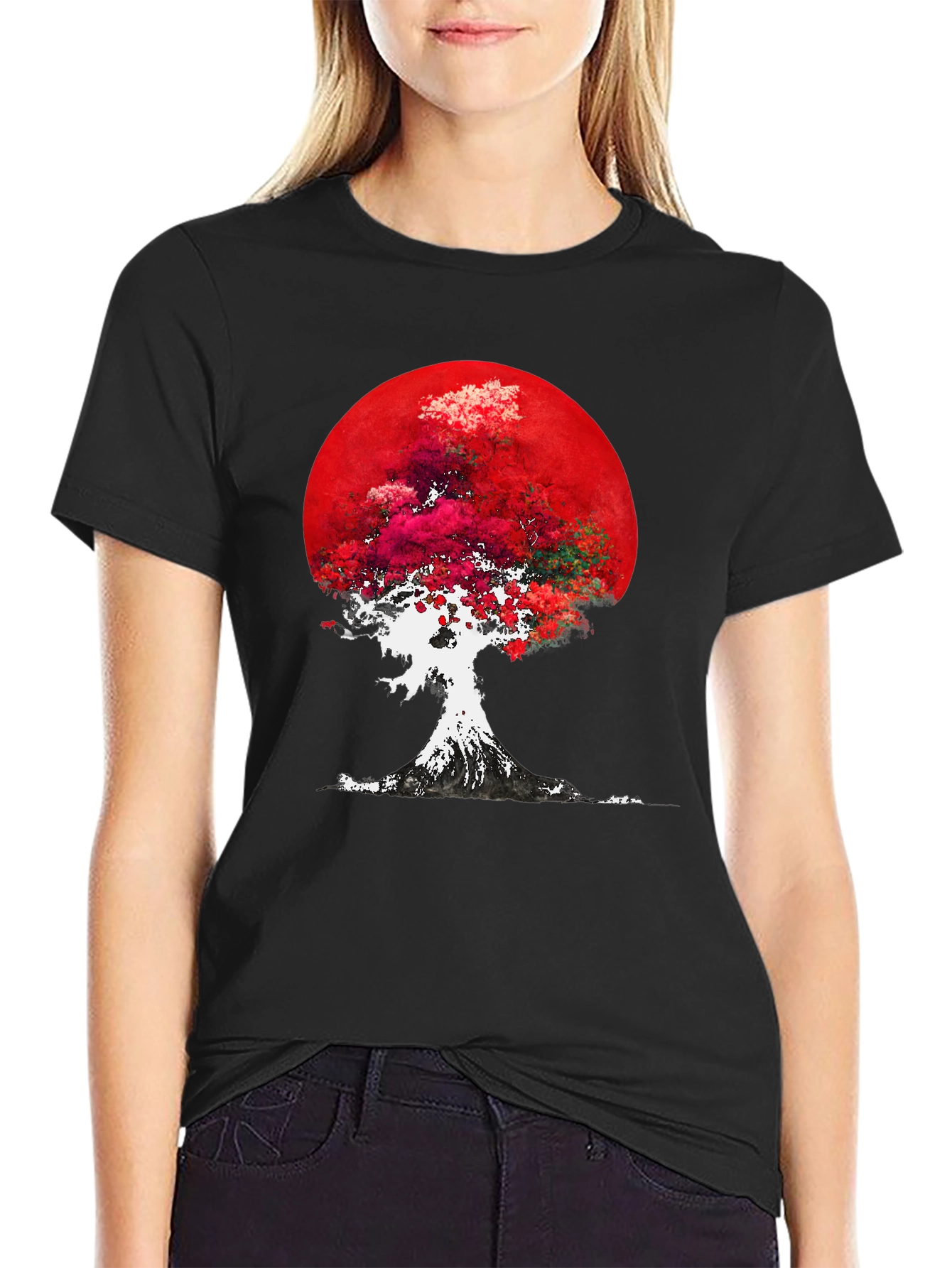Red Moon Tree Graphic Tee - Artistic Mens T-Shirt
