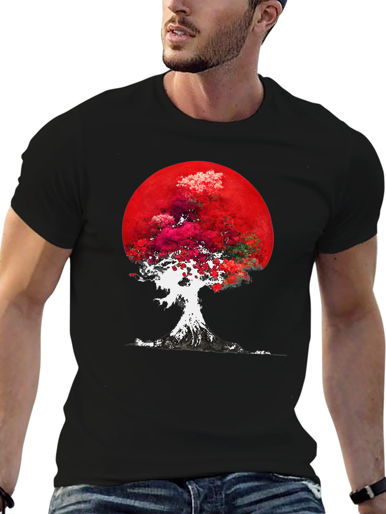 Red Moon Tree Graphic Tee - Artistic Mens T-Shirt