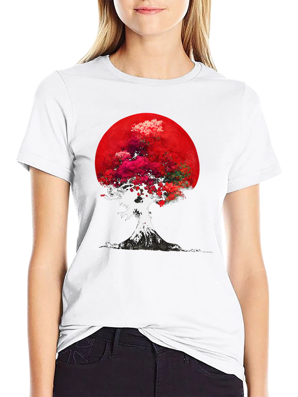 Red Moon Tree Graphic Tee - Artistic Mens T-Shirt