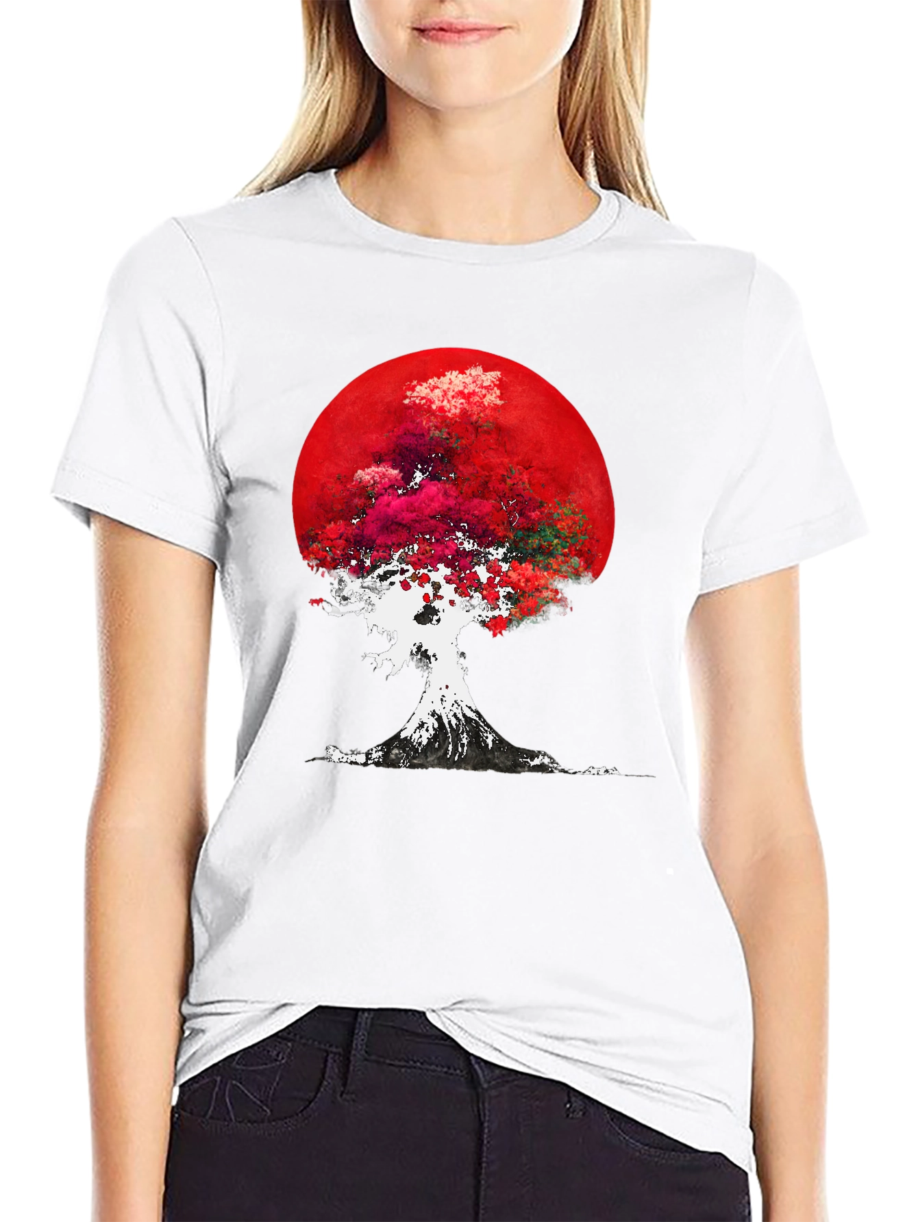 Red Moon Tree Graphic Tee - Artistic Mens T-Shirt