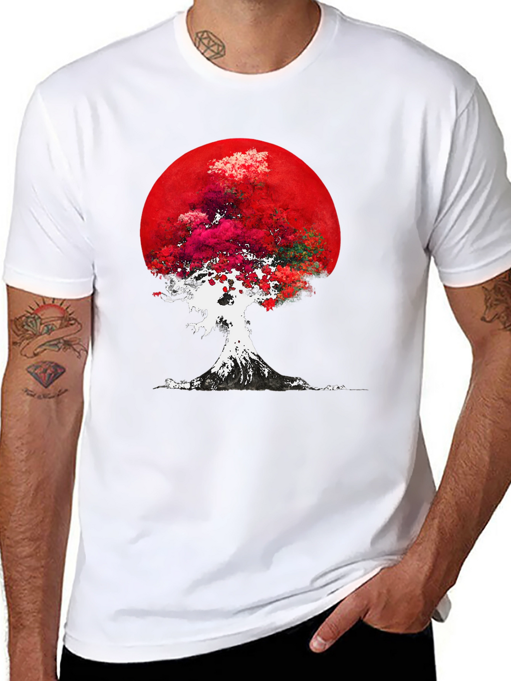 Red Moon Tree Graphic Tee - Artistic Mens T-Shirt