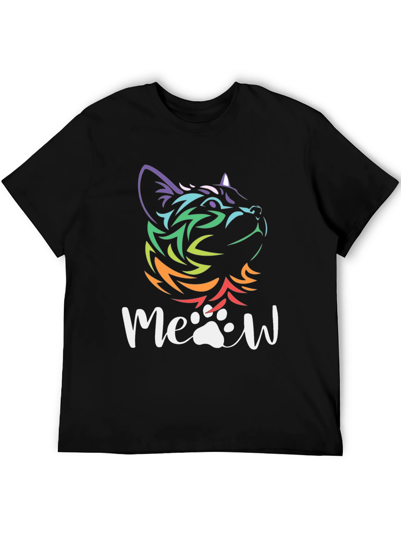 Cat Meow T-Shirt - Mens Black Tee with Colorful Cat Design