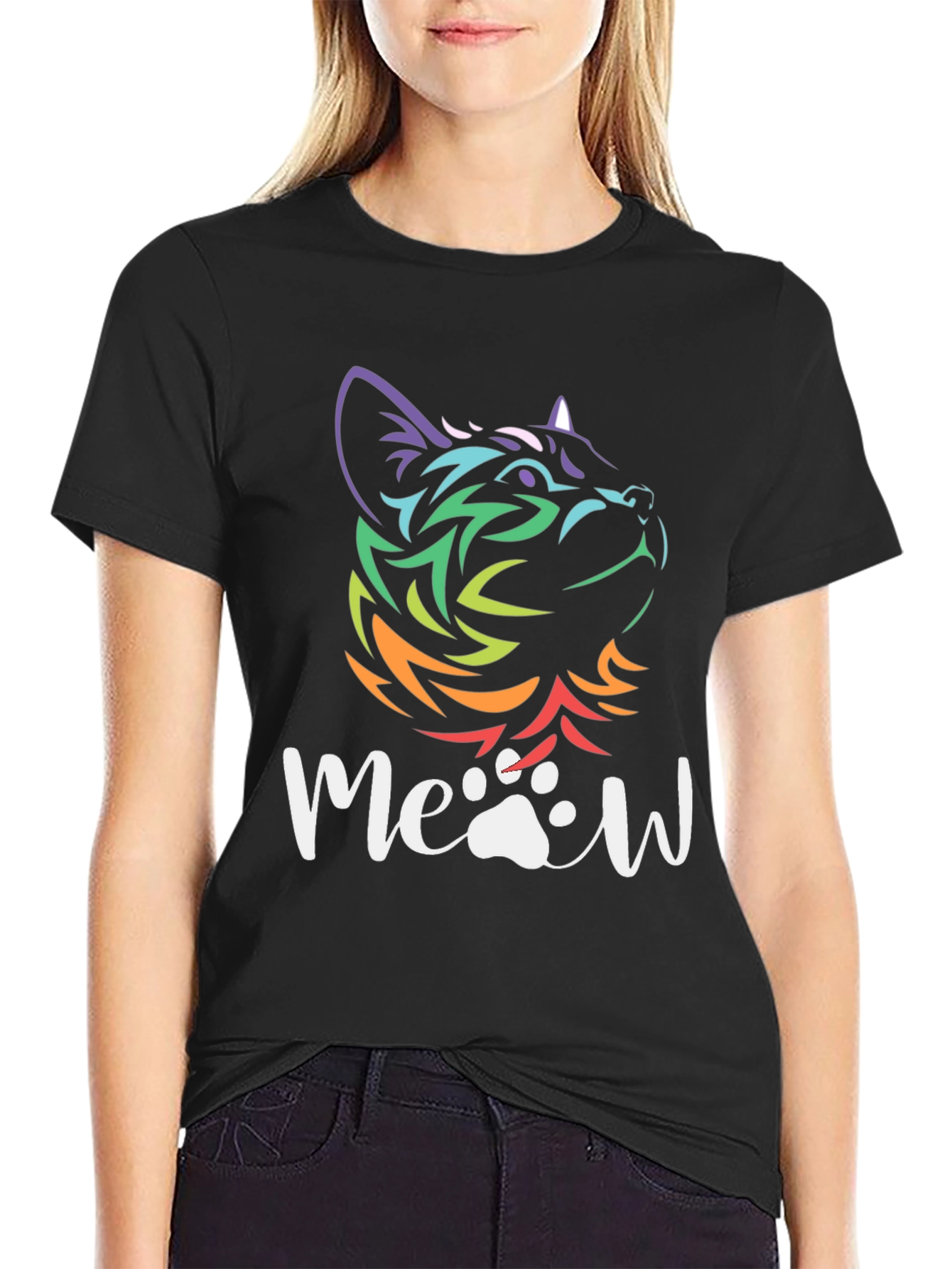 Cat Meow T-Shirt - Mens Black Tee with Colorful Cat Design