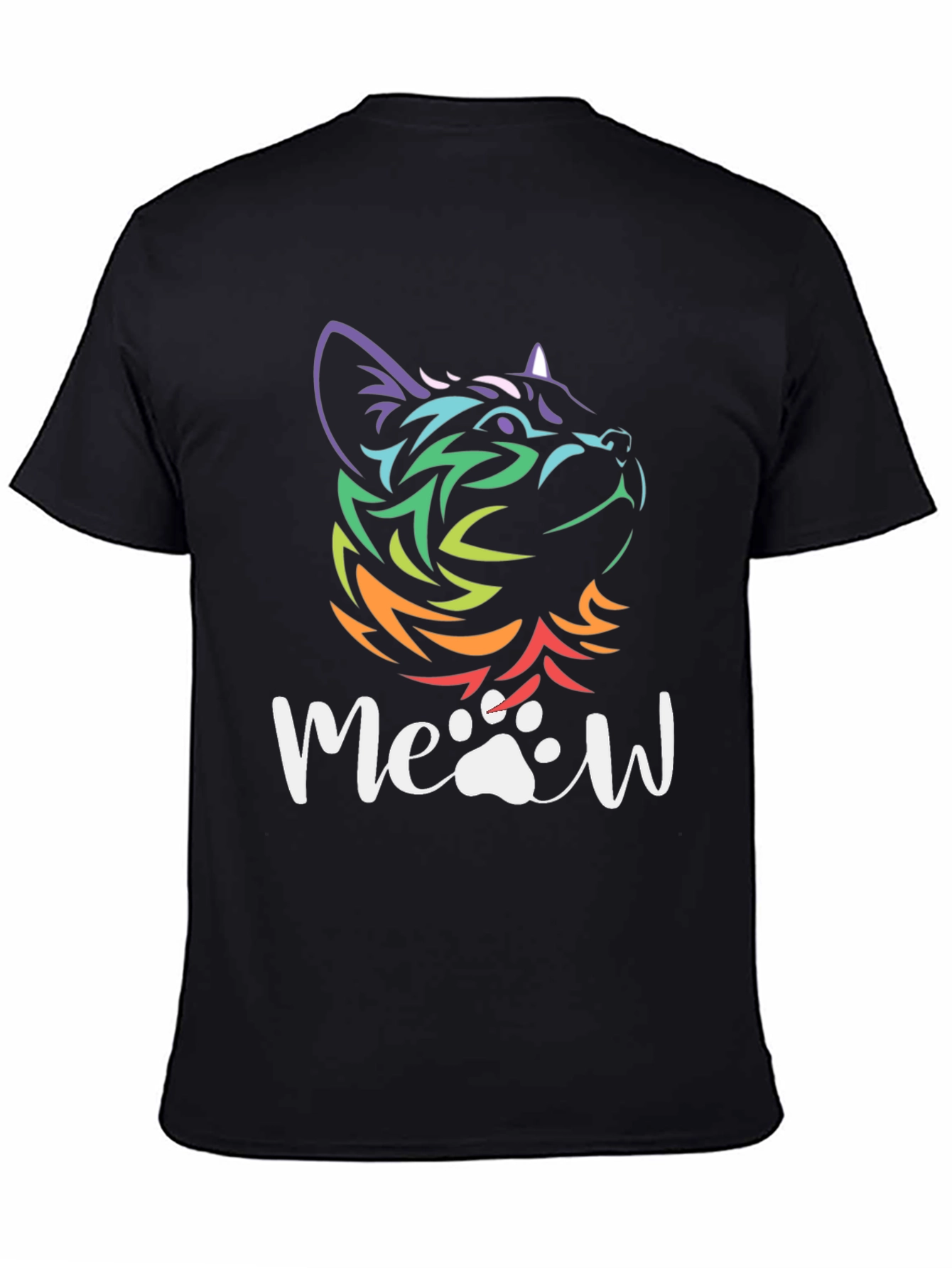 Cat Meow T-Shirt - Mens Black Tee with Colorful Cat Design