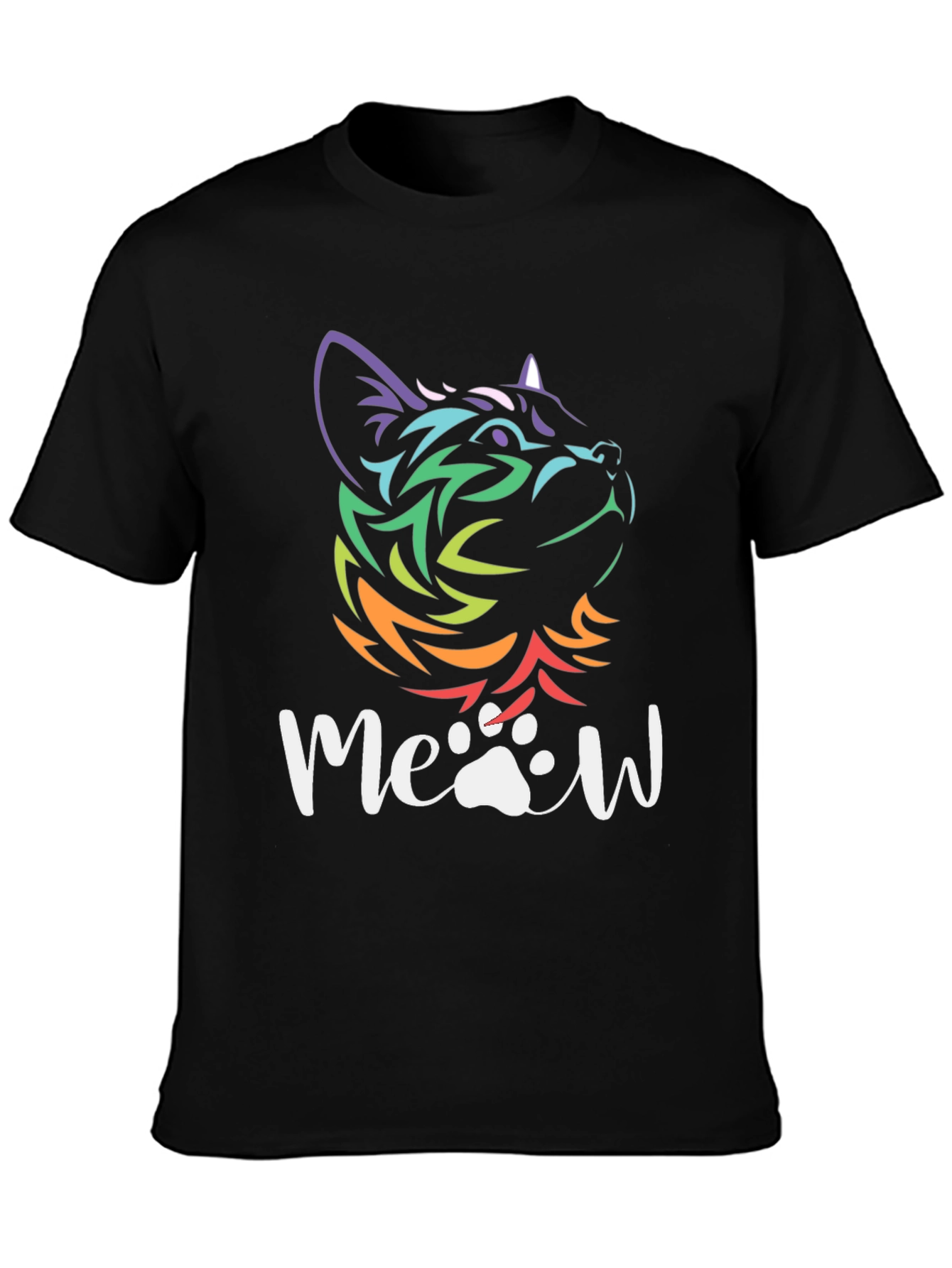Cat Meow T-Shirt - Mens Black Tee with Colorful Cat Design