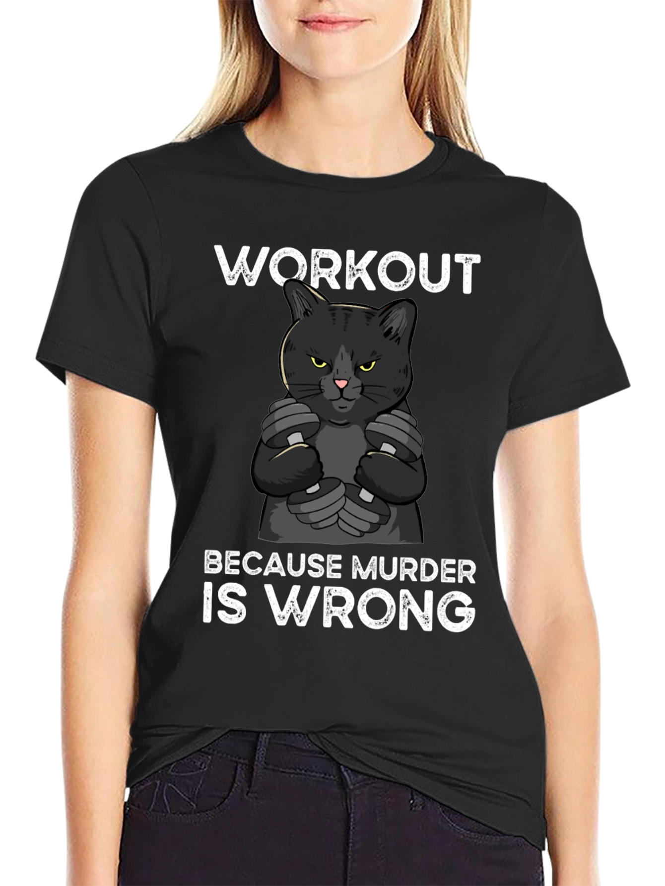 Workout Because Murder is Wrong Cat Graphic Tee