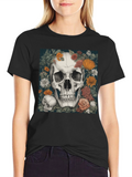Floral Skull Graphic Tee - Black Cotton T-Shirt