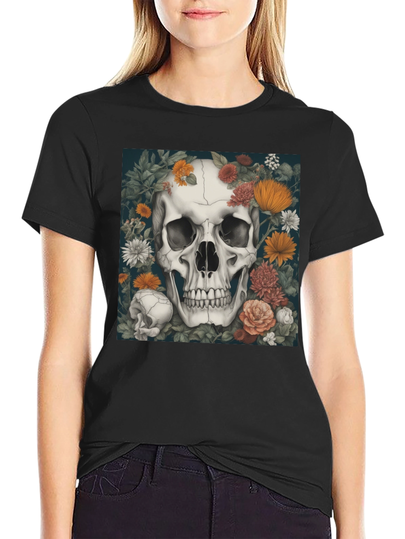 Floral Skull Graphic Tee - Black Cotton T-Shirt