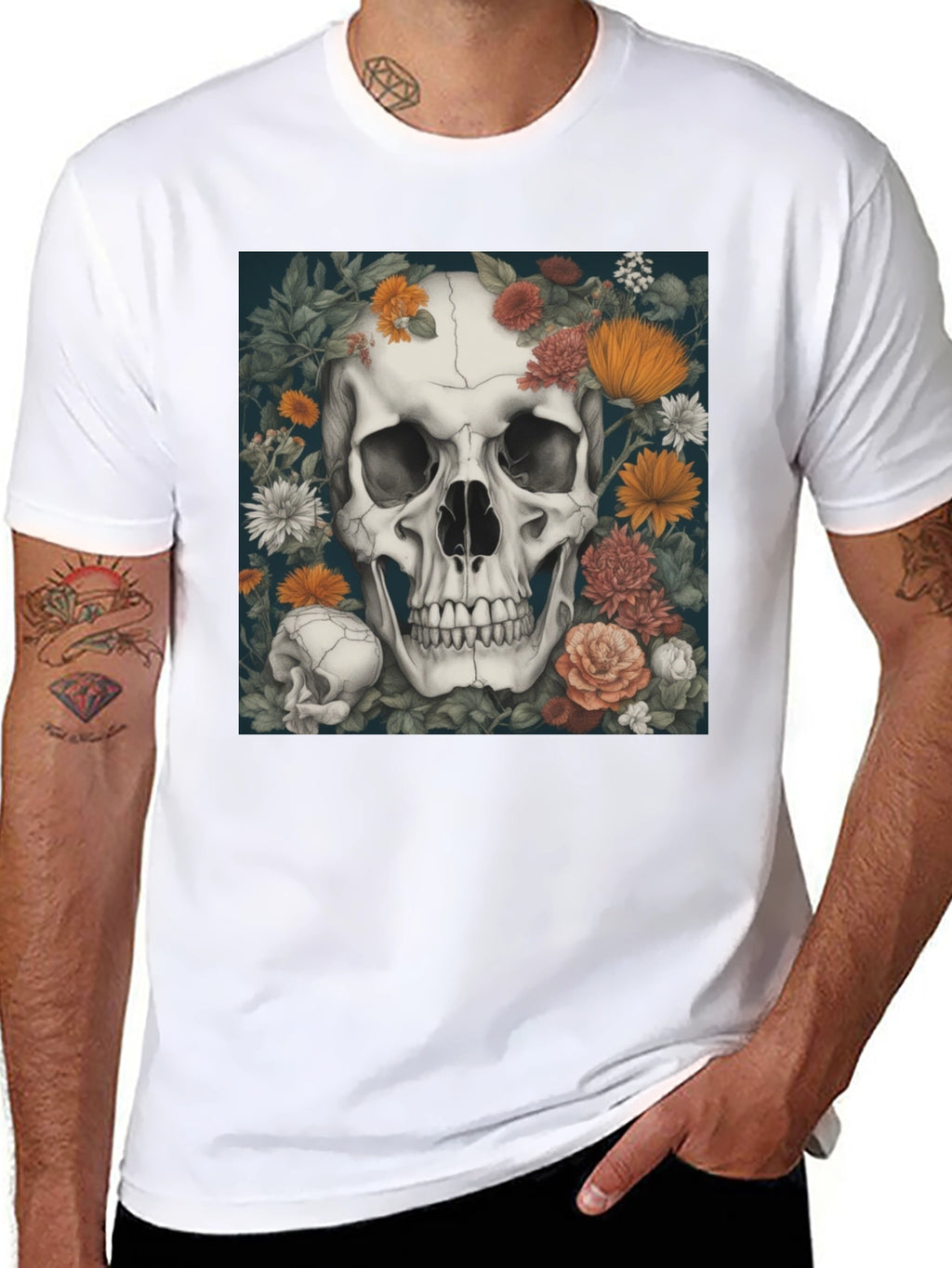 Floral Skull Graphic Tee - Black Cotton T-Shirt