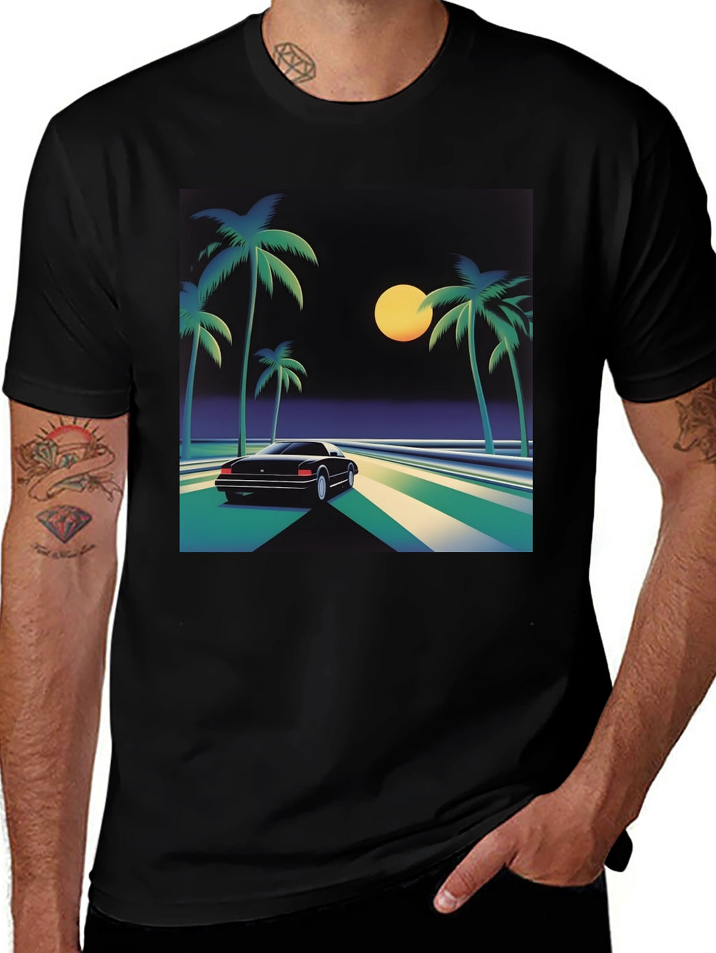 Retro Wave T-Shirt - Palm Trees & Car