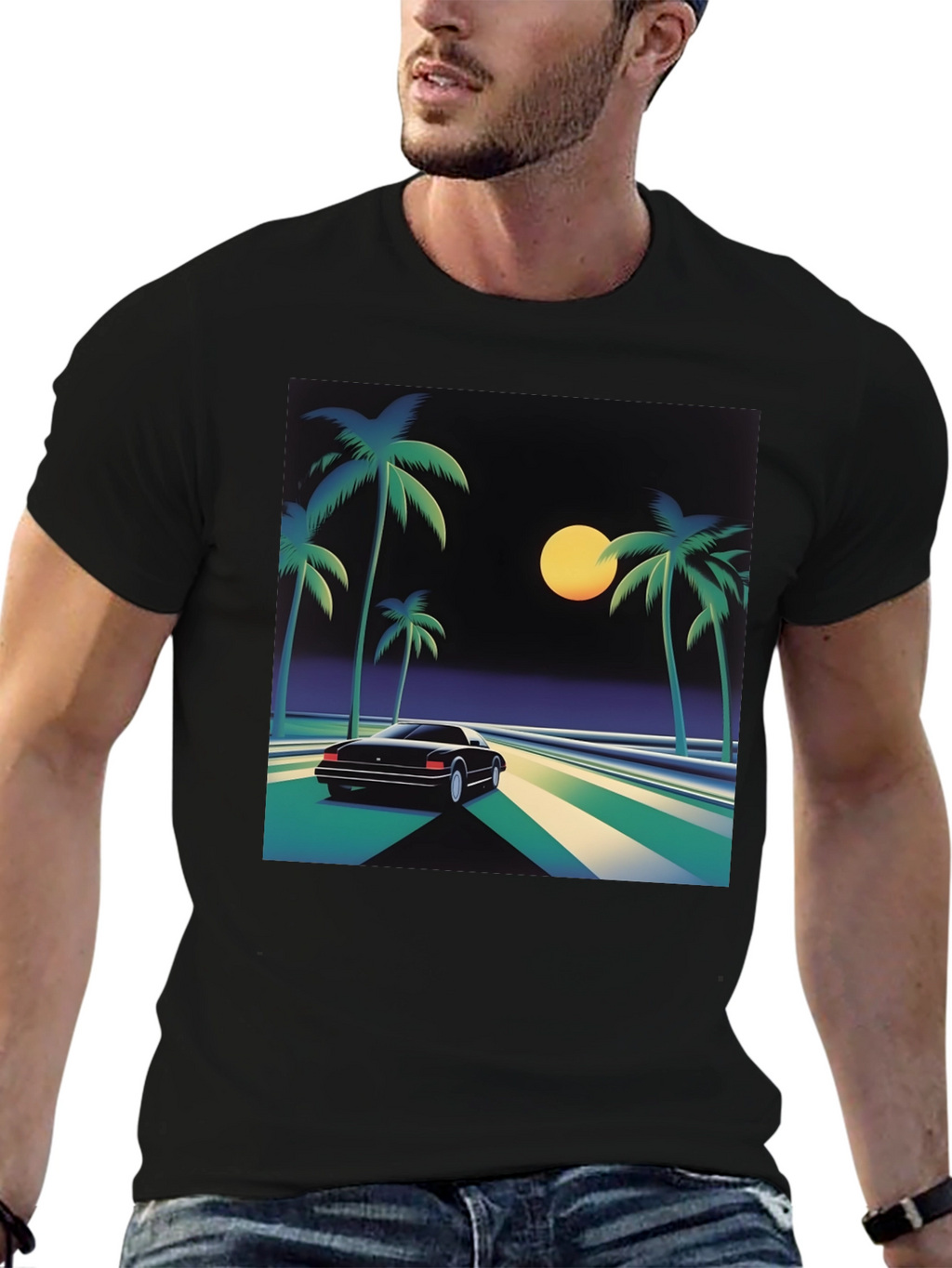 Retro Wave T-Shirt - Palm Trees & Car