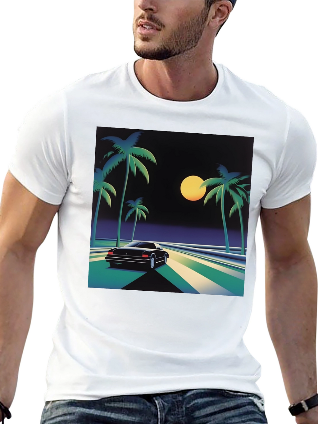 Retro Wave T-Shirt - Palm Trees & Car