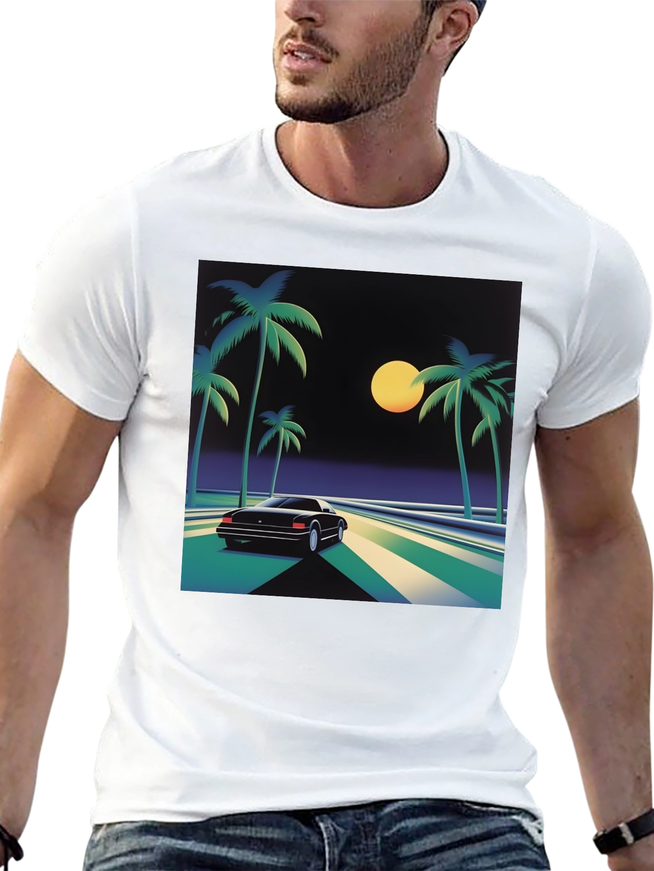 Retro Wave T-Shirt - Palm Trees & Car