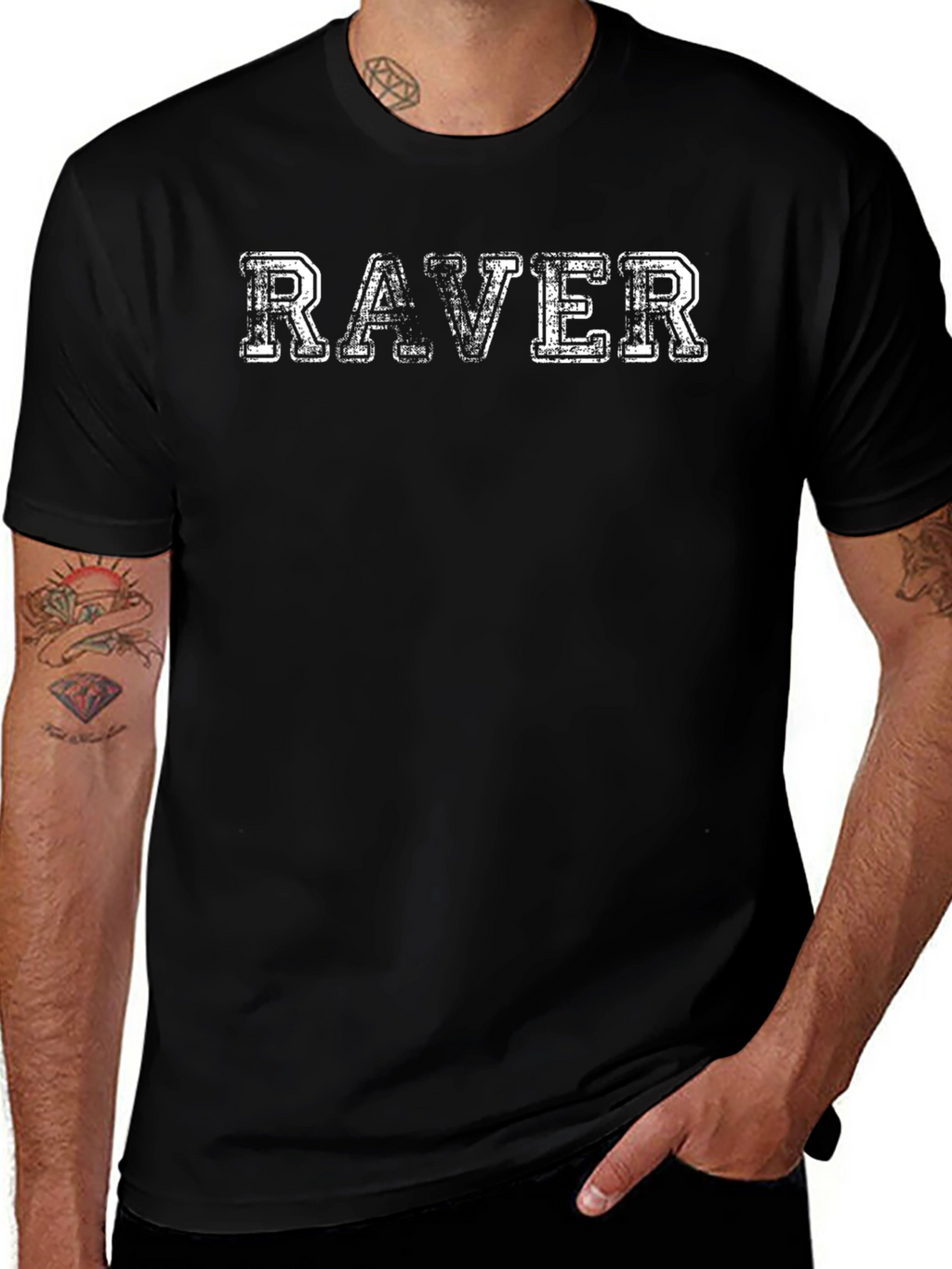 Distressed RAVER Graphic Black T-Shirt