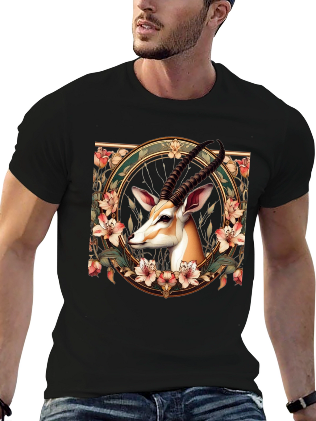 Gazelle Floral Graphic Tee - Mens Black T-Shirt