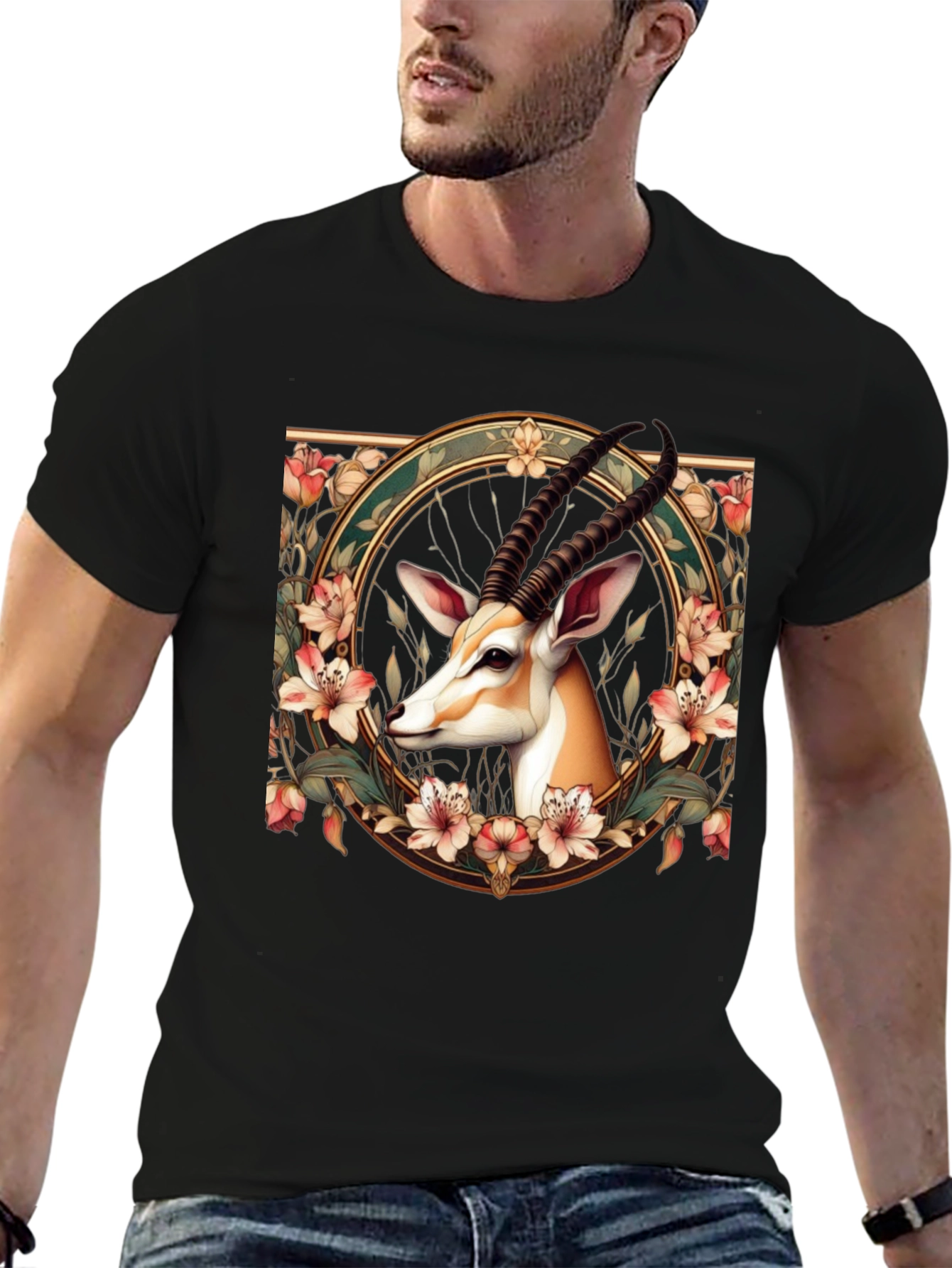 Gazelle Floral Graphic Tee - Mens Black T-Shirt