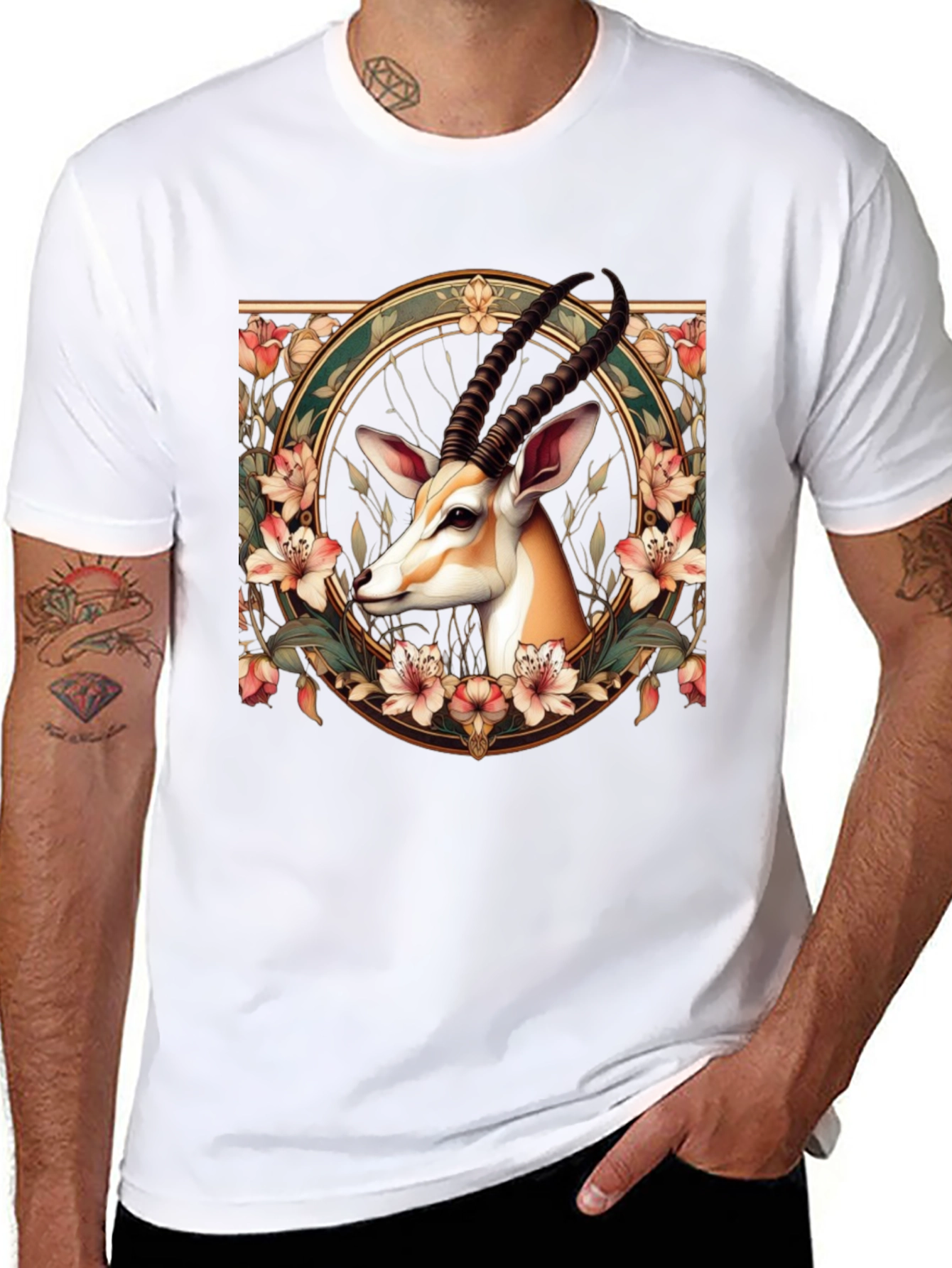 Gazelle Floral Graphic Tee - Mens Black T-Shirt