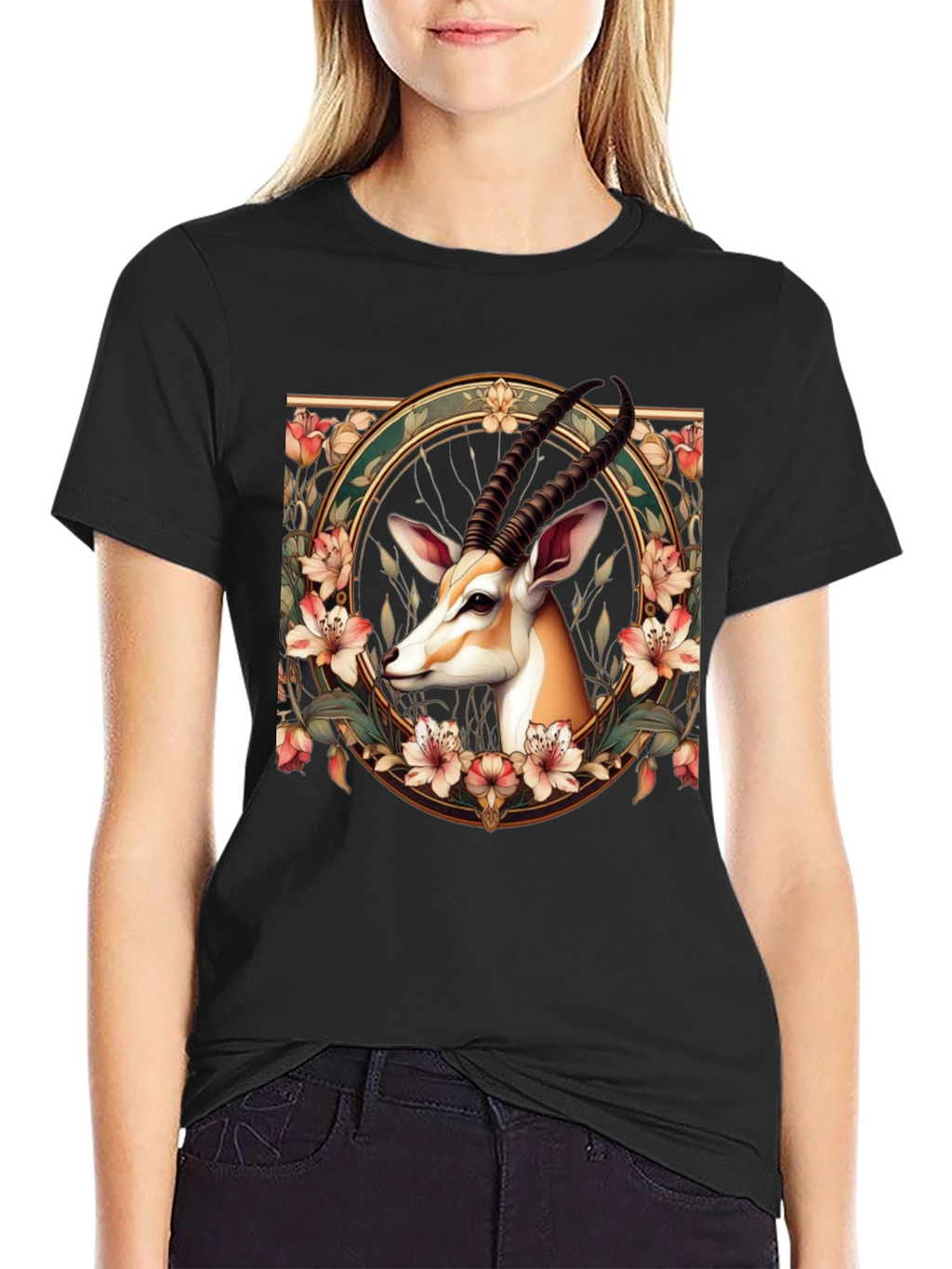 Gazelle Floral Graphic Tee - Mens Black T-Shirt