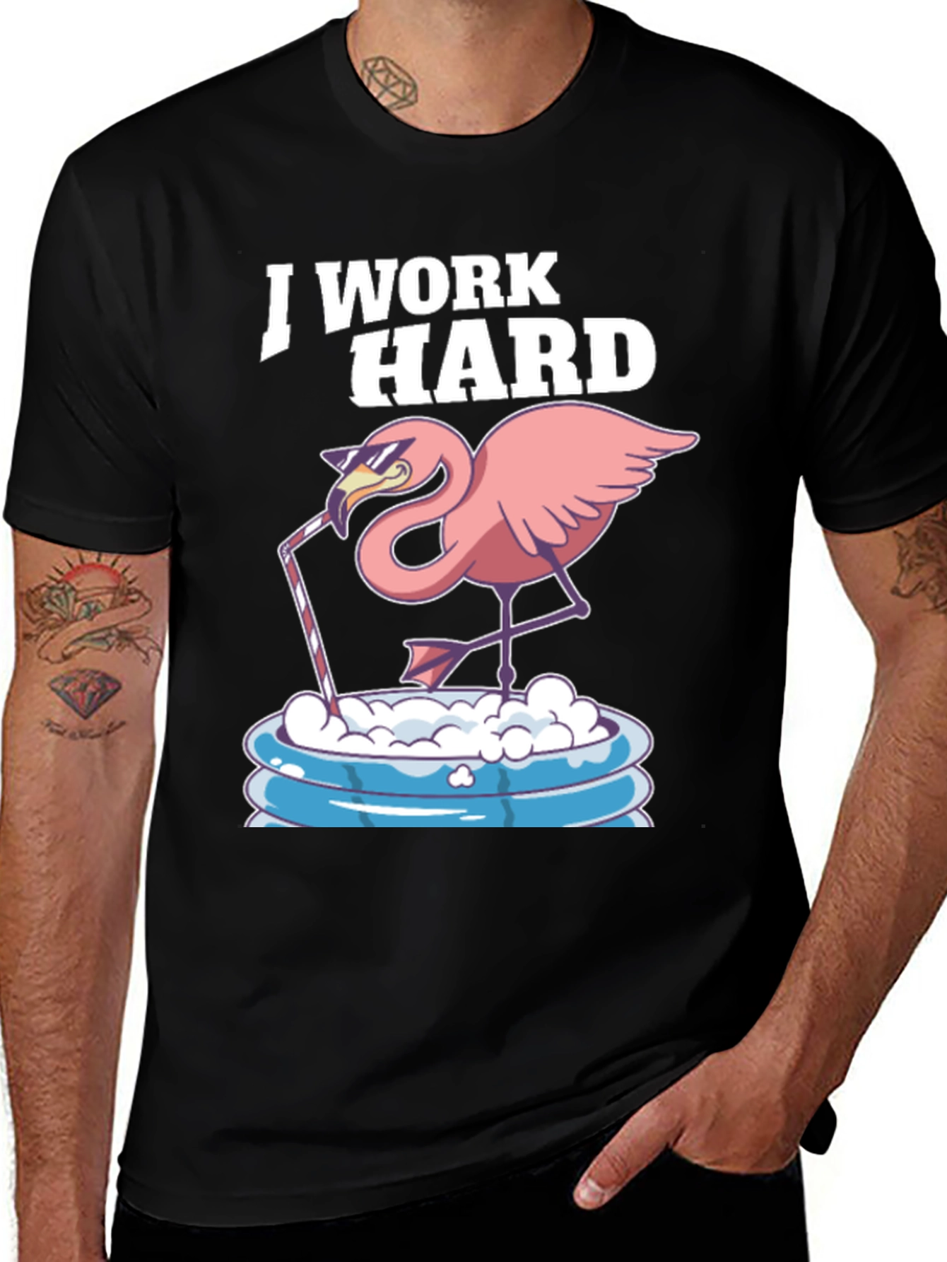 I Work Hard Flamingo T-Shirt - Relaxed Poolside Style