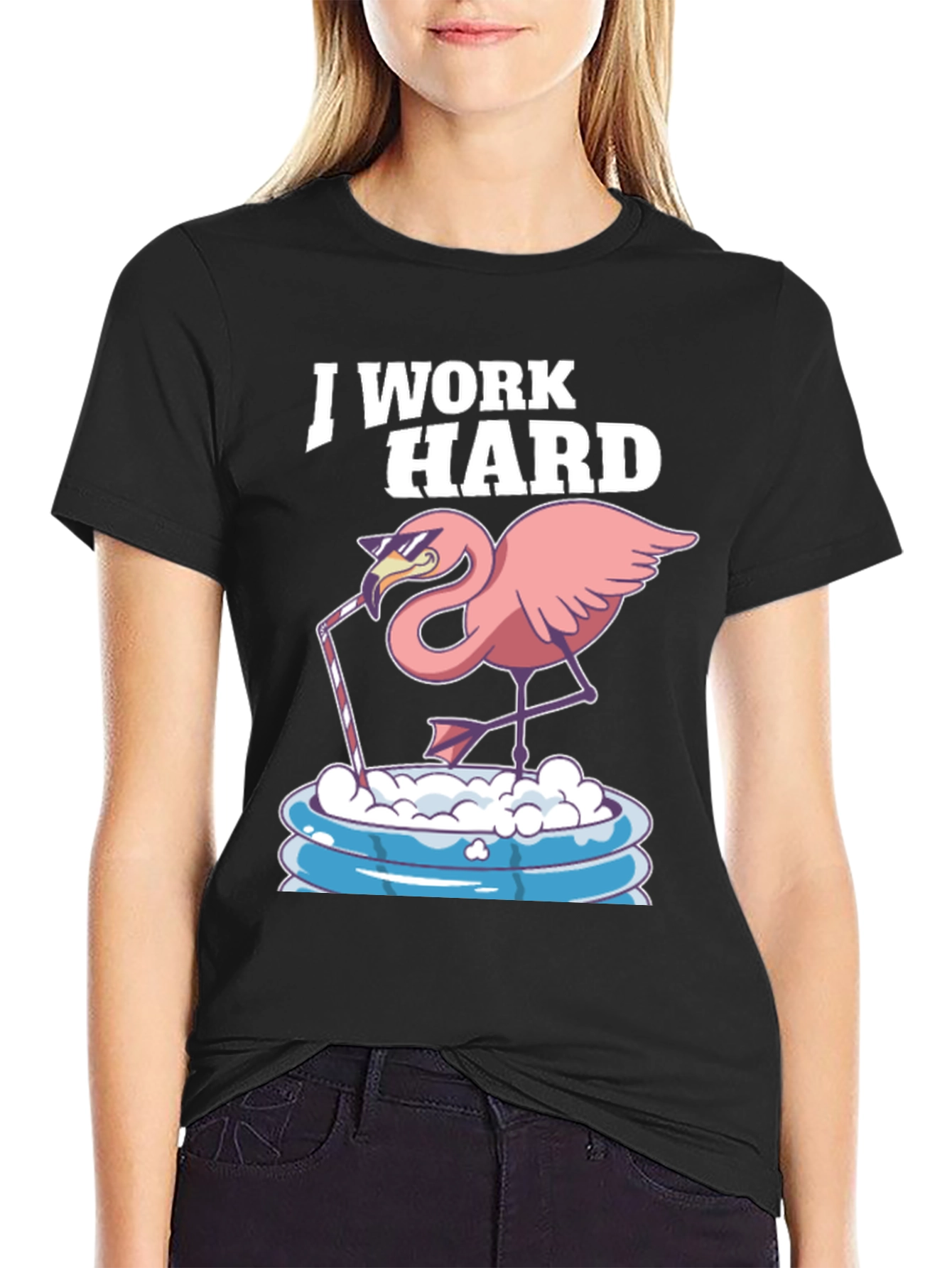 I Work Hard Flamingo T-Shirt - Relaxed Poolside Style
