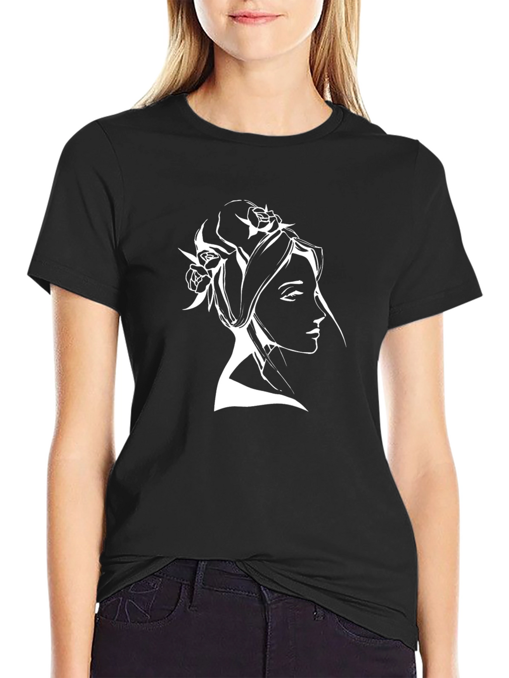 Elegant Woman Portrait Tee - Black Cotton