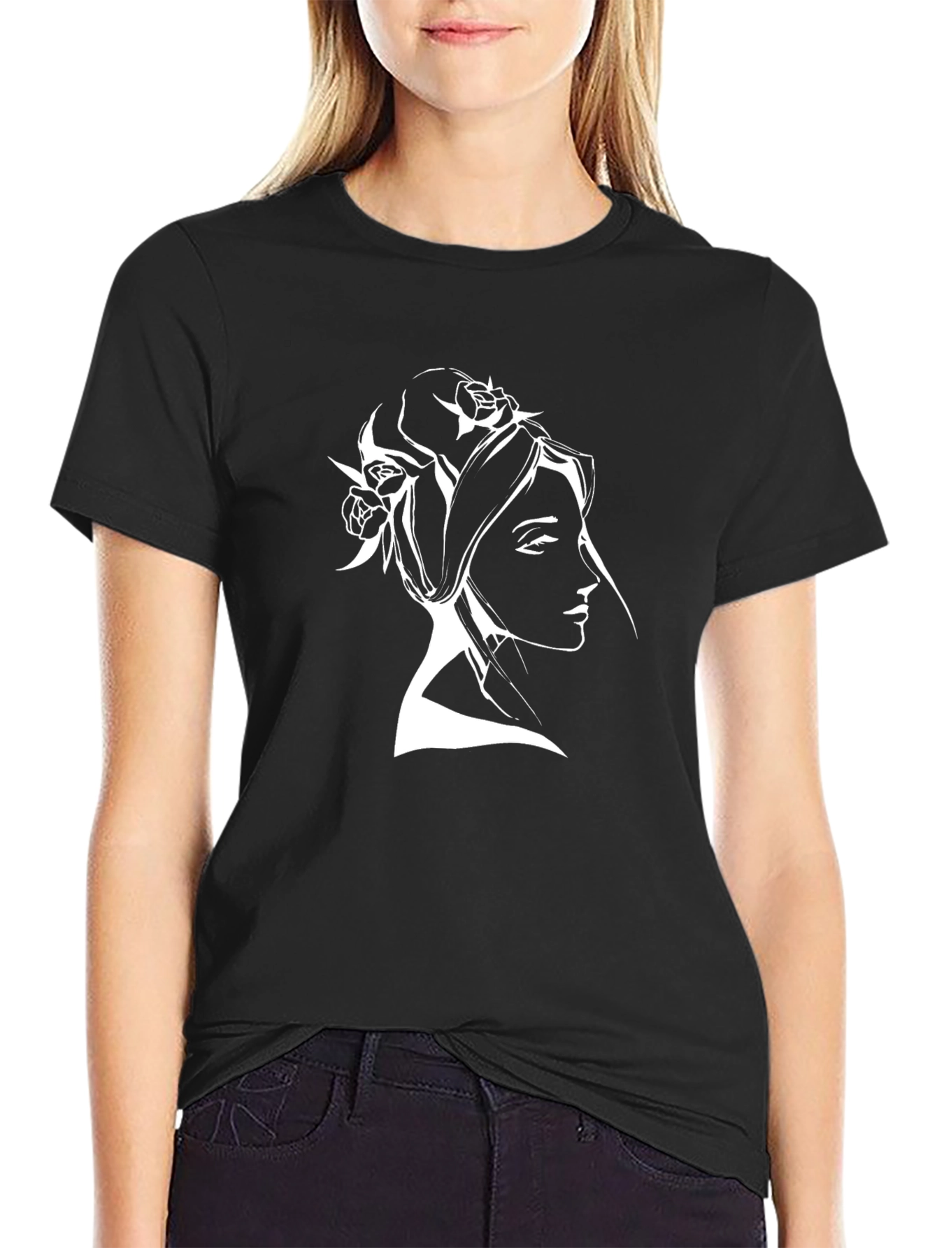 Elegant Woman Portrait Tee - Black Cotton