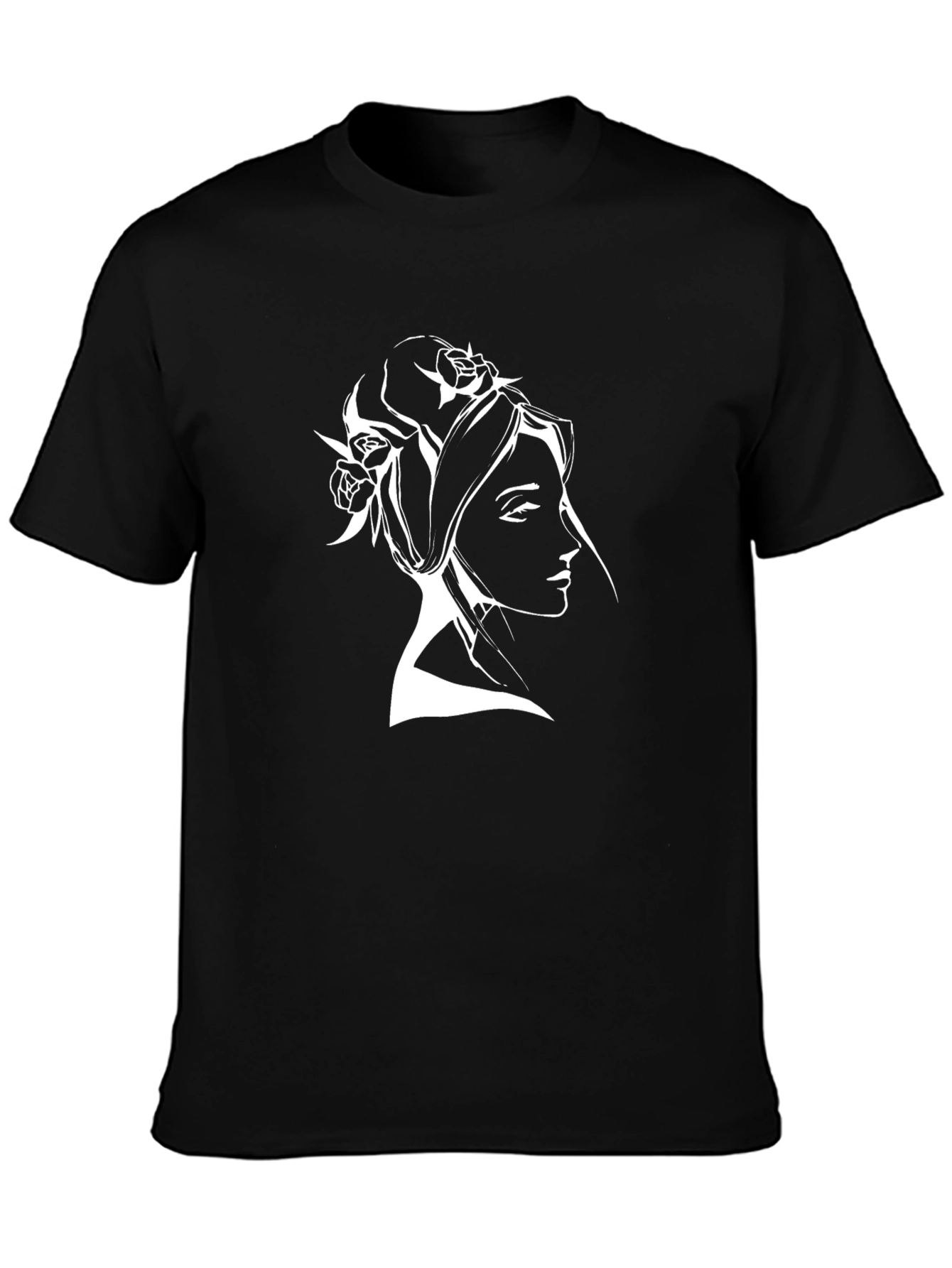 Elegant Woman Portrait Tee - Black Cotton