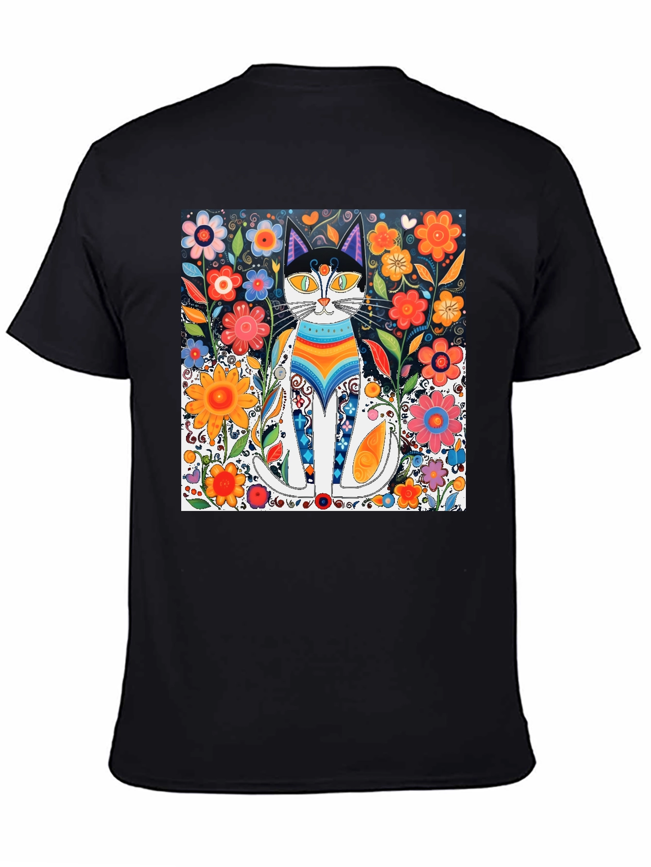 Colorful Cat Art Graphic Print Black T-Shirt