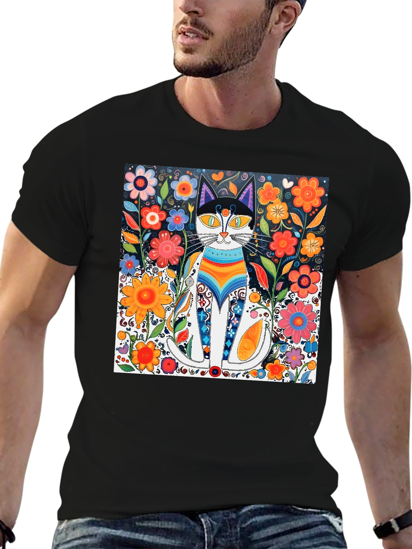 Colorful Cat Art Graphic Print Black T-Shirt