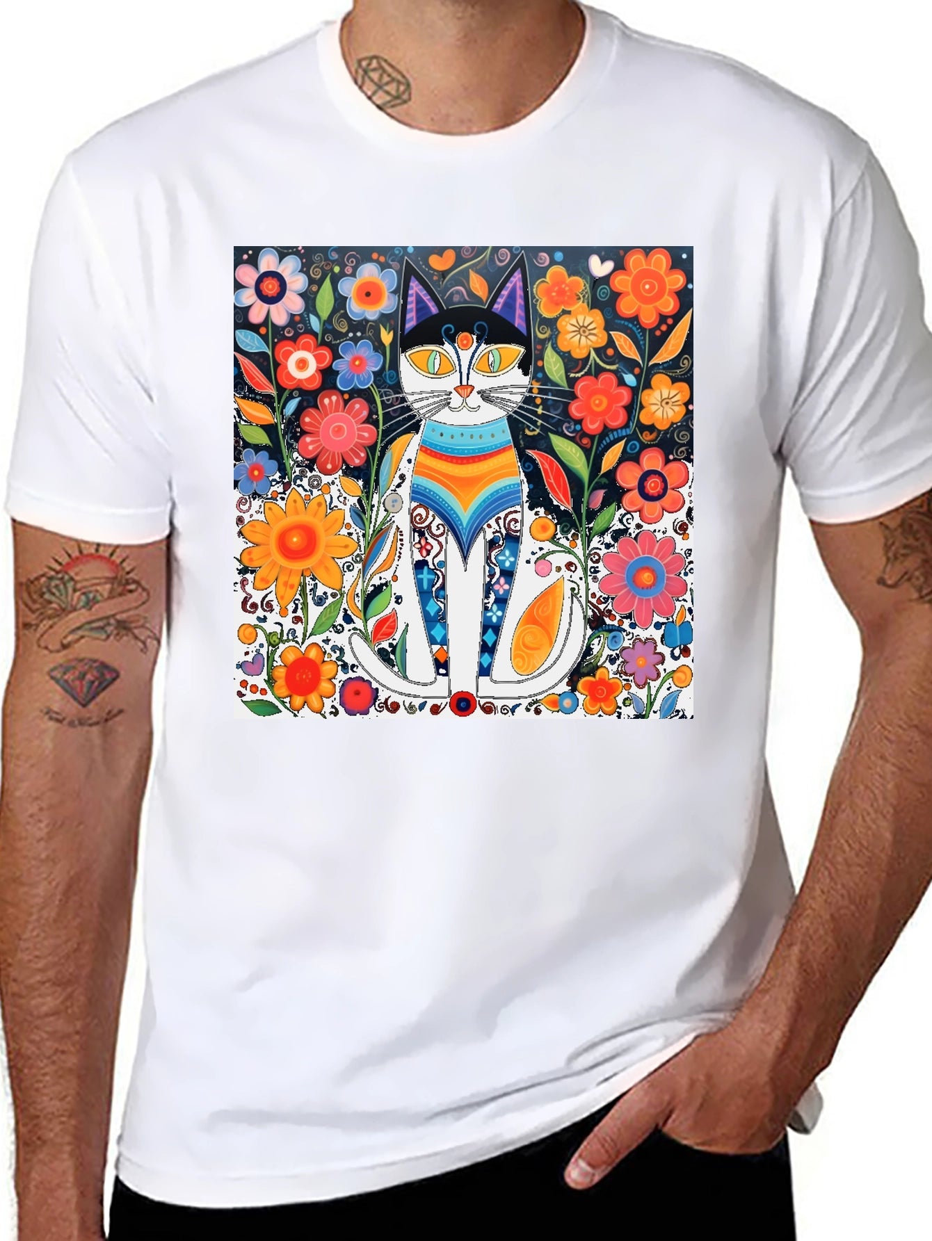 Colorful Cat Art Graphic Print Black T-Shirt