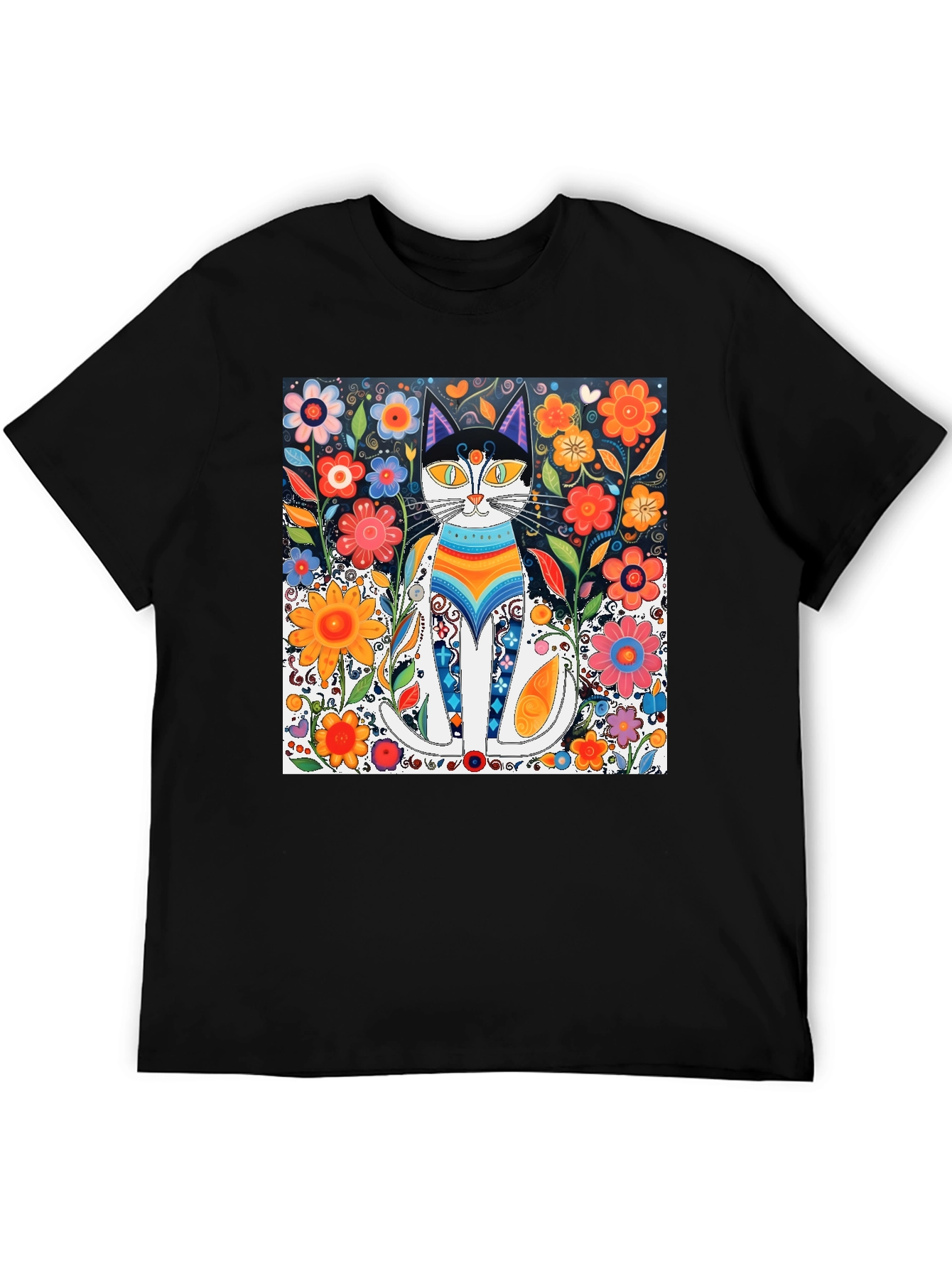 Colorful Cat Art Graphic Print Black T-Shirt
