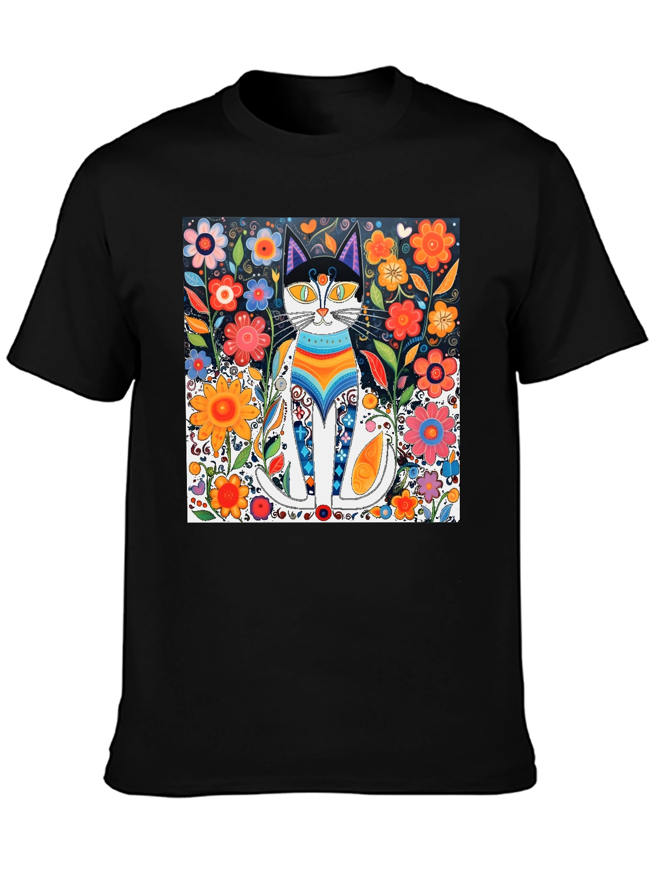 Colorful Cat Art Graphic Print Black T-Shirt