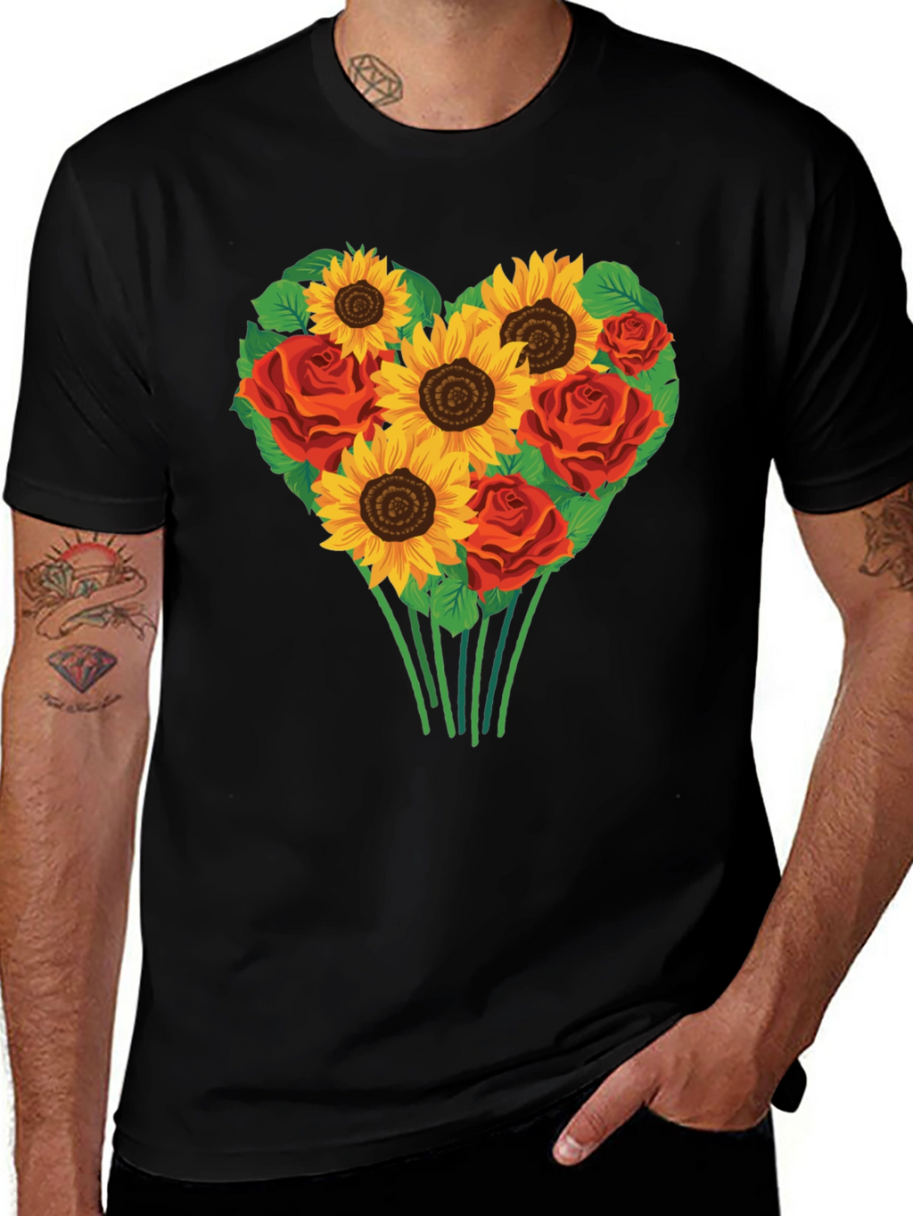 Sunflower & Rose Heart Graphic T-Shirt