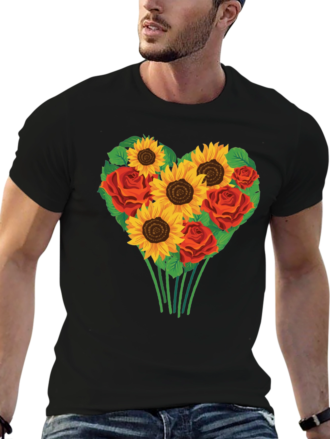 Sunflower & Rose Heart Graphic T-Shirt