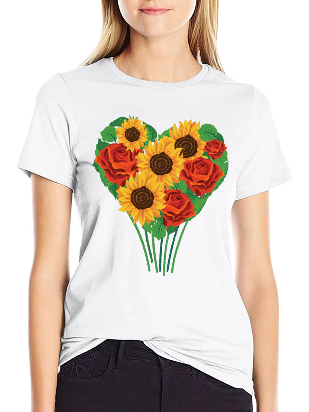Sunflower & Rose Heart Graphic T-Shirt