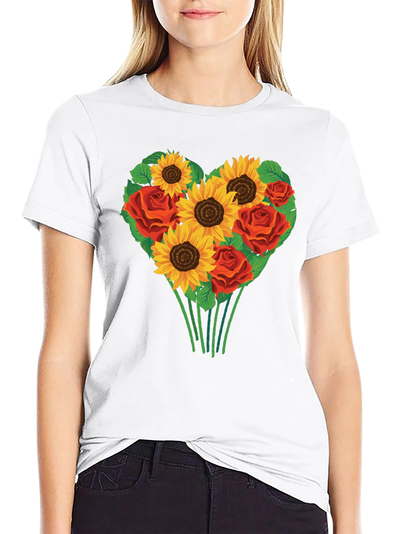 Sunflower & Rose Heart Graphic T-Shirt
