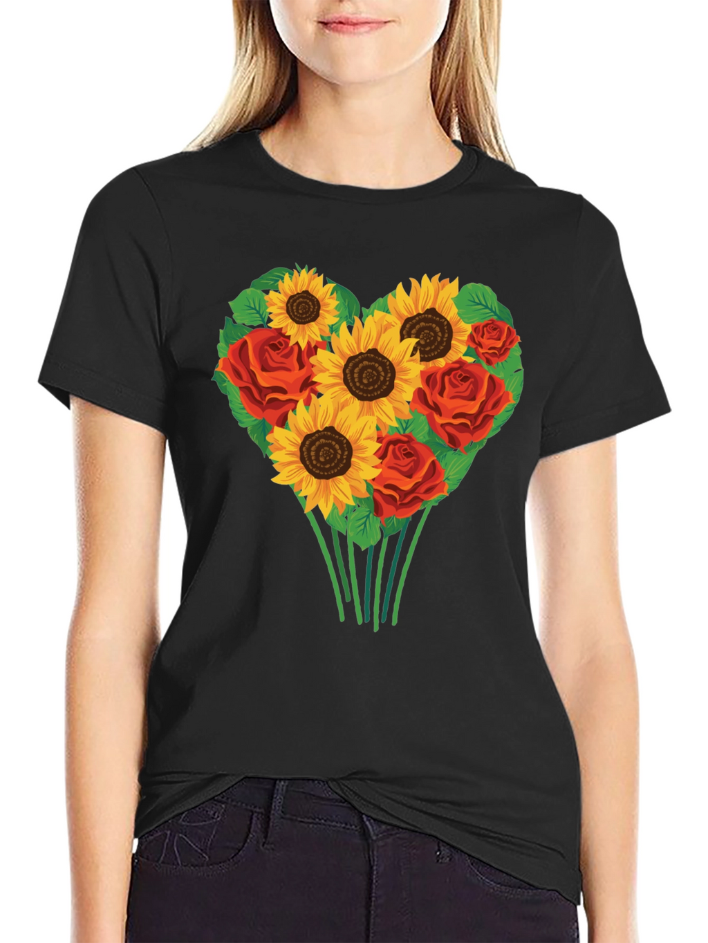 Sunflower & Rose Heart Graphic T-Shirt