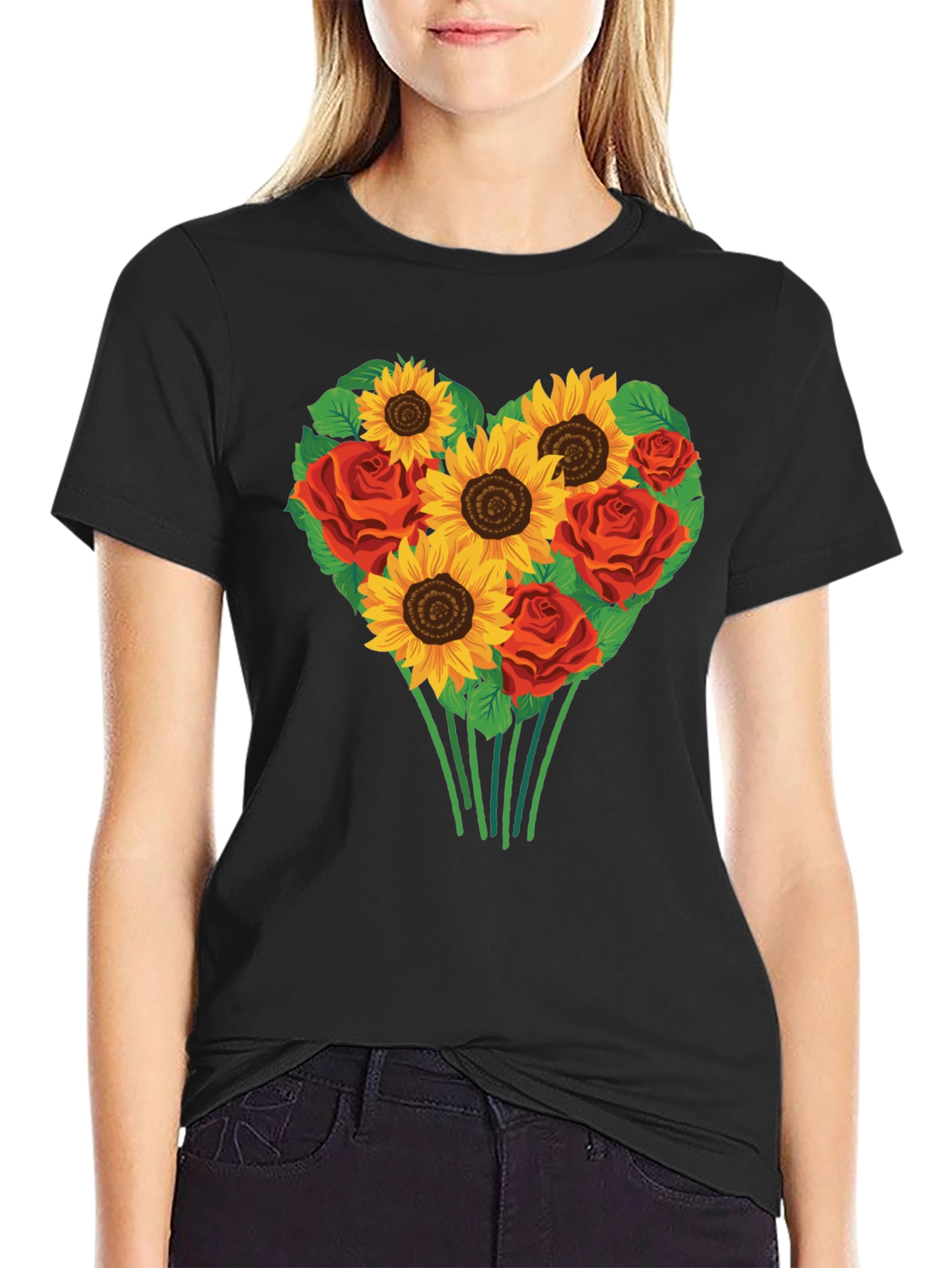 Sunflower & Rose Heart Graphic T-Shirt