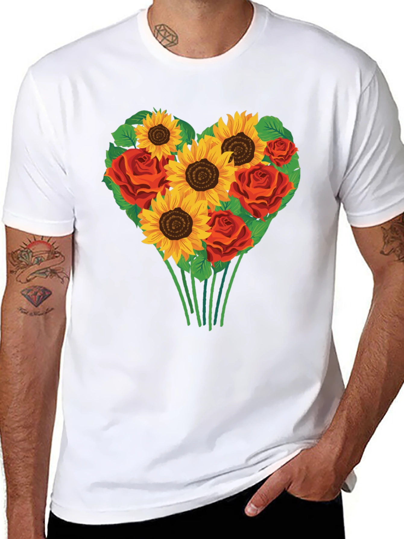Sunflower & Rose Heart Graphic T-Shirt
