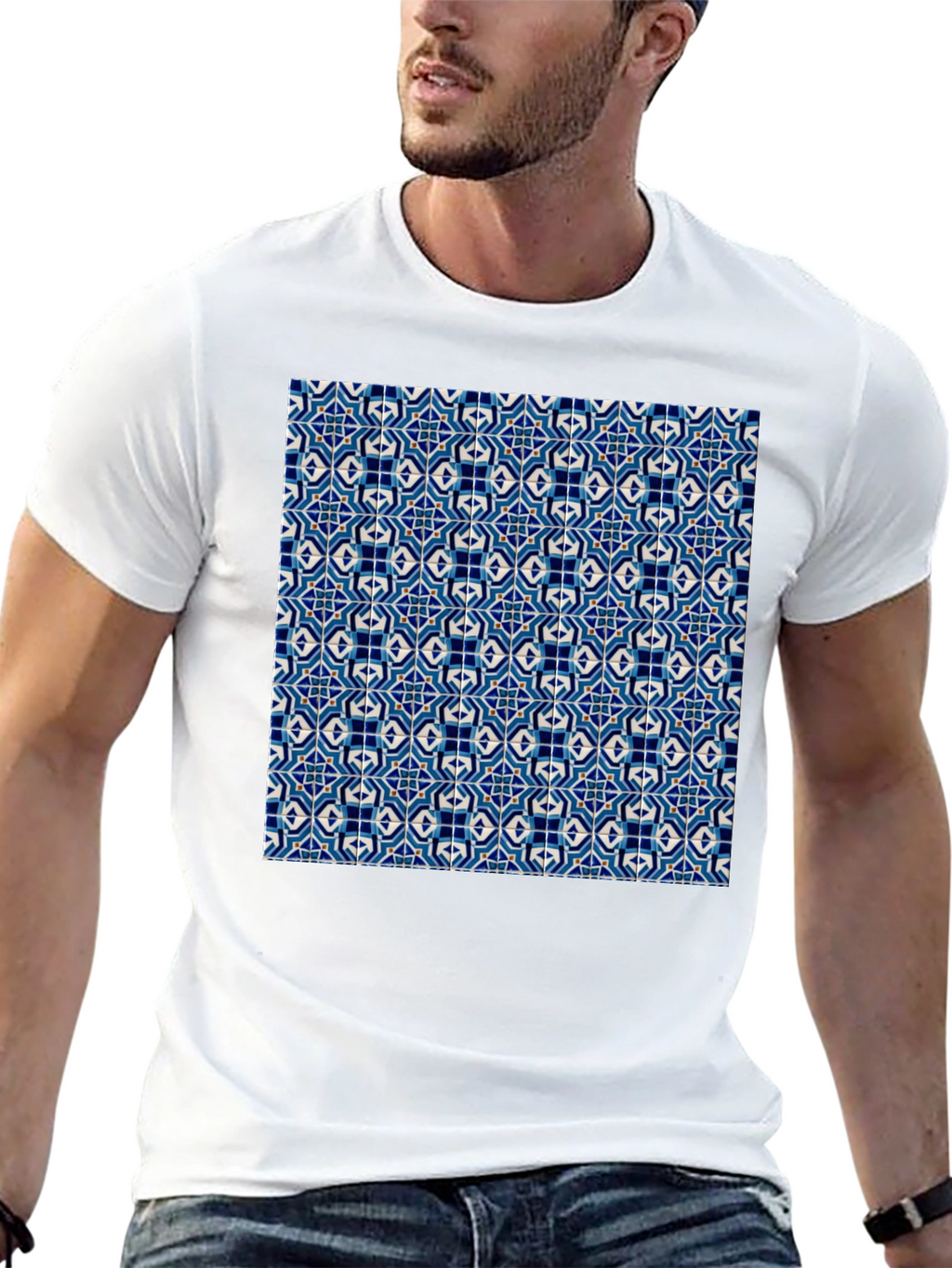 Blue Tile Pattern Black T-Shirt