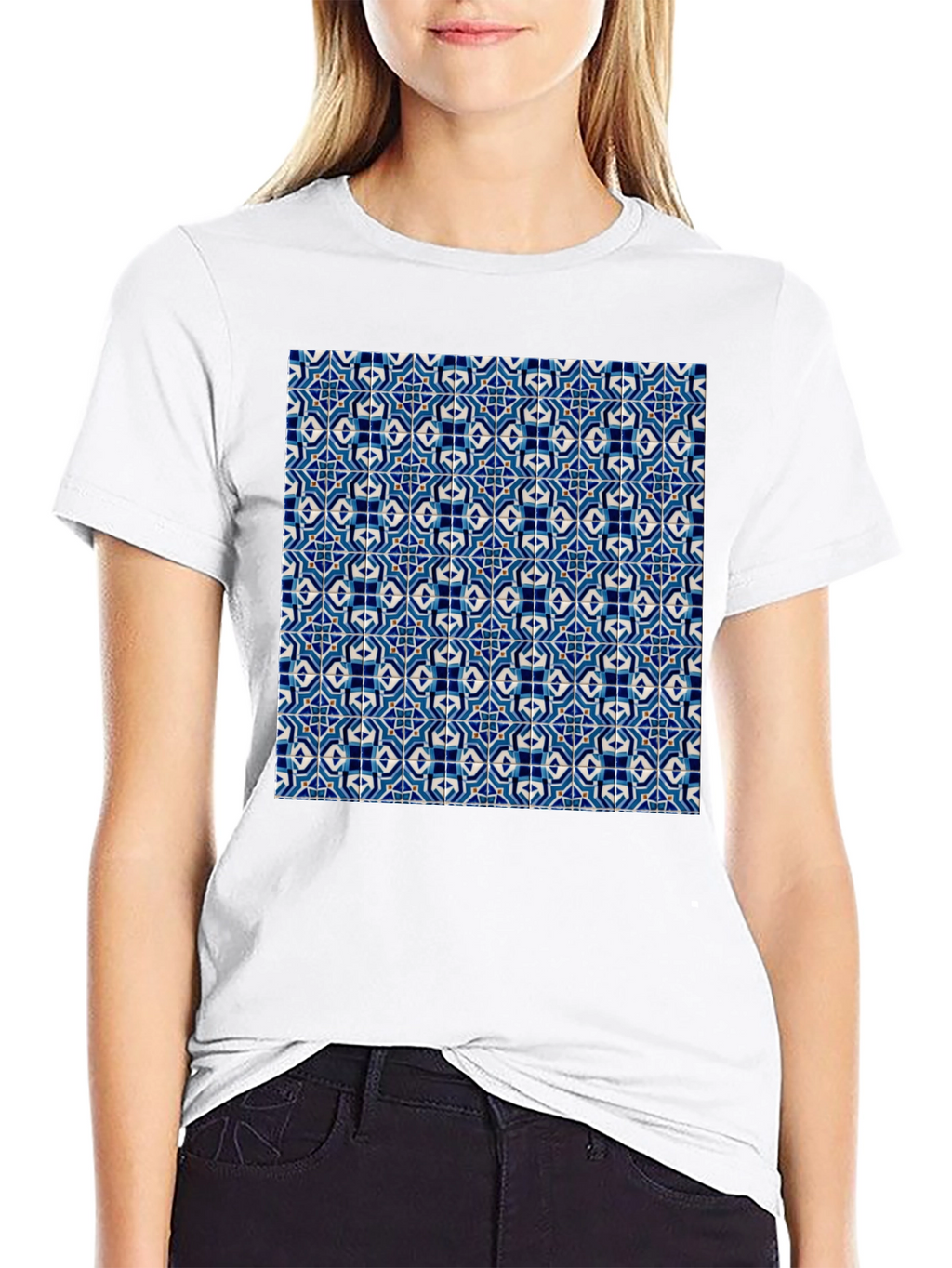 Blue Tile Pattern Black T-Shirt
