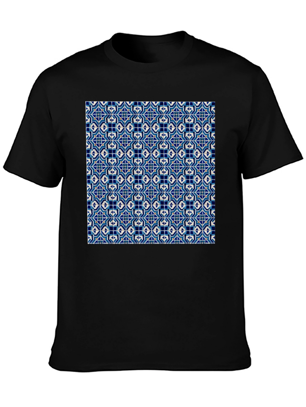 Blue Tile Pattern Black T-Shirt