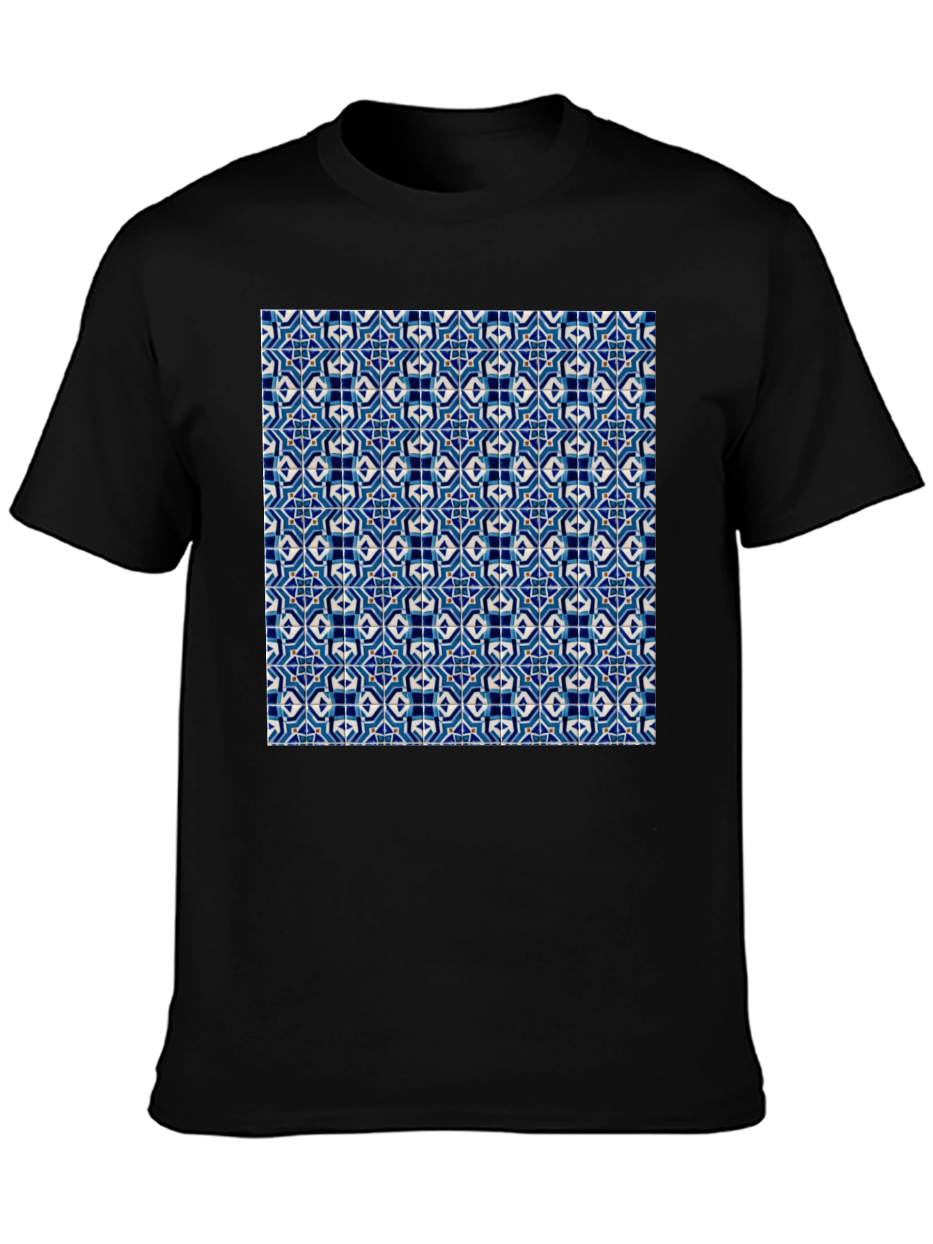 Blue Tile Pattern Black T-Shirt