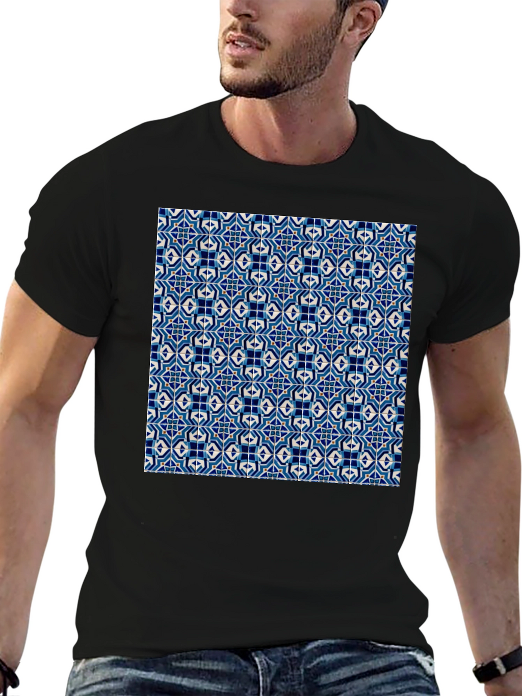 Blue Tile Pattern Black T-Shirt